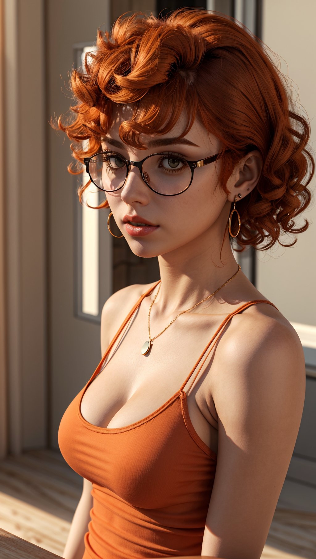 masterpiece,best quality,(3d:1.3),godrays,sunlight,1girl,bangs,black-framed eyewear,breasts,orange hair,(((curly hair))),closed mouth,collarbone,glasses,lips,looking at viewer,nose,round eyewear,shirt,short hair,solo,upper body,spade earrings,spade necklace,