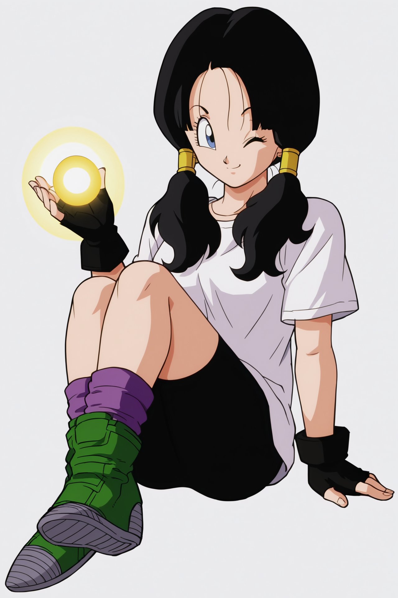 source_anime, score_9, score_8_up, score_7_up, anime screencap,videldbz, 1girl, solo, smile, blue eyes, simple background, long shirt, black hair, white background, twintails, sitting, full body, white shirt, boots, one eye closed, hand on shin, energy ball, black gloves, fingerless gloves, bike shorts, ;\), green footwear, small breasts, raised eyebrows, looking to the side, crossed_legs, shoe soles, purple legwear, socks, short sleeves, fingernails, eyebrows, eyelashes<lora:Videl_pony_v1:0.8>