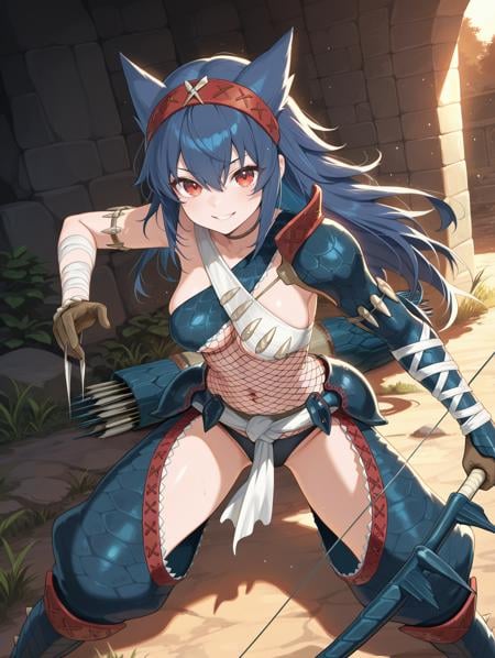 black bow \(weapon\),  holding black bow \(weapon\) from behind,  nargacuga armor by miaomiao on Tensor.Art
