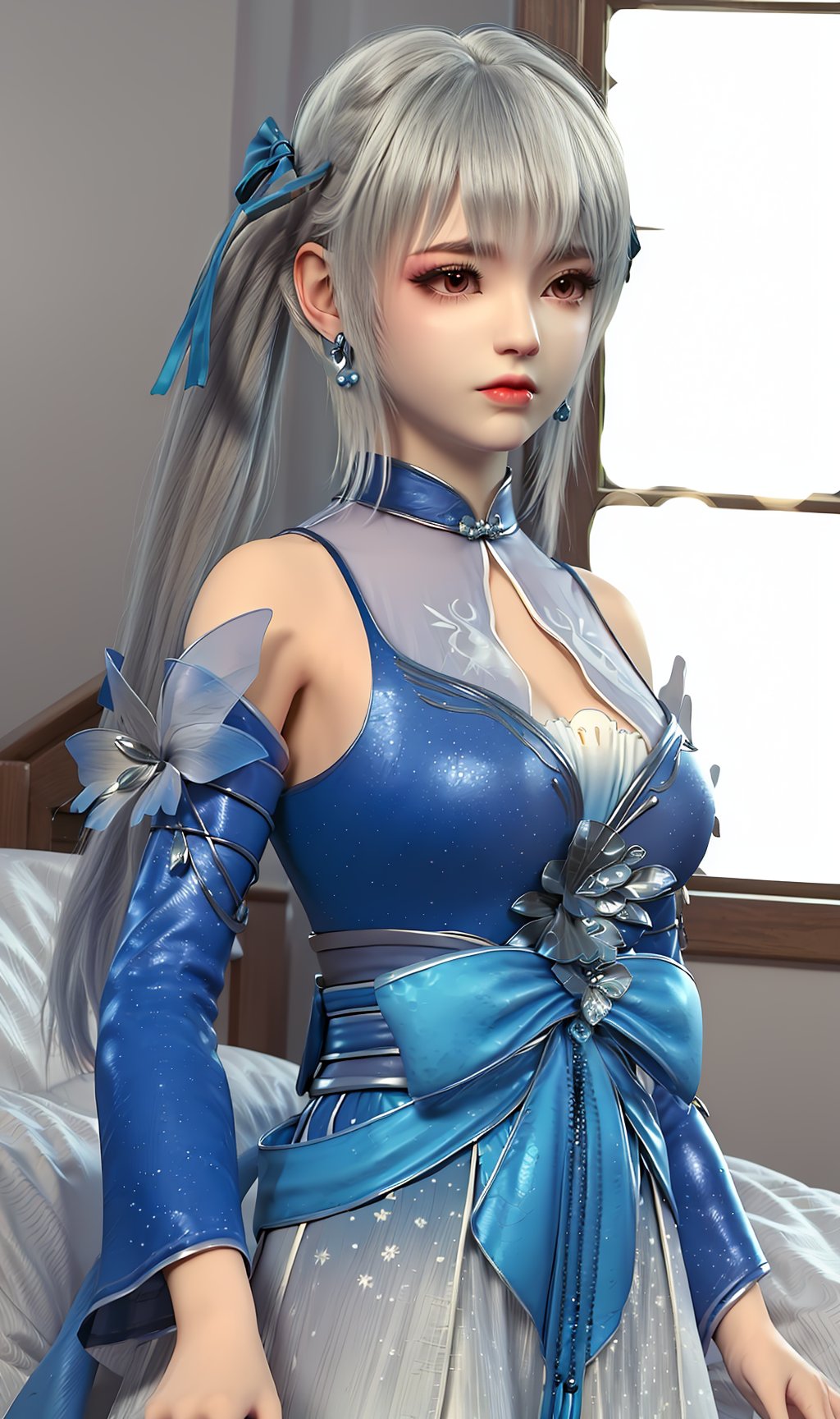 3D,masterpiece,(best quality),(makeup),official art, extremely detailed cg 8k wallpaper,((crystalstexture skin)), (extremely delicate and beautiful),(highly detailed),(face),(double_ponytail),(collar),(1girl), (solo), (jewelry), (earrings),(white_hair),(long_hair),(hair_ornament),(handwear),(long_sleeves),(breast),((standing)),((upper_body)),(dress),(shorts_under_skirt),(chinese_clothes),(multicolored_clothes),(multicolored_dress),,(shiny_clothes),(sash),(closed_mouth),(room,bed),((looking_at_viewer)),((Facing the camera)),, <lora:hipoly3DModelLora_v10:0.3>