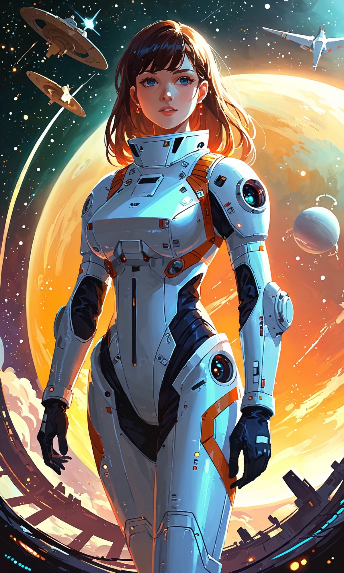 score_9, score_8_up, score_7_up, cinematic lighting, vivid, 1girl, A female space pilot in a sleek, futuristic suit, standing next to her spaceship, cosmos background, masterpiece, absurdres, dynamic, high-resolution, highly detailedб  <lora:MJ52:1>