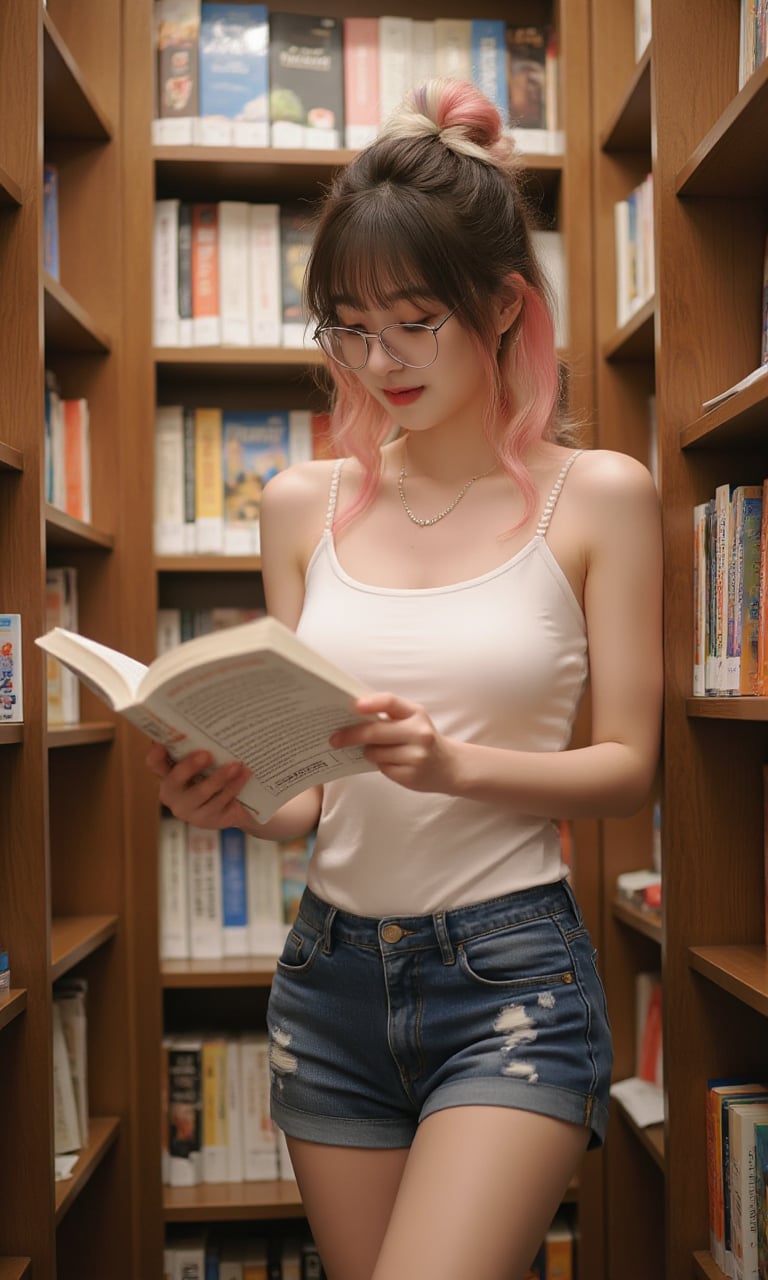 This is a real high-definition photo,This is a warm and cozy photo. In the photo, there is a woman standing between tall wooden bookshelves, dressed in a casual outfit of a white camisole and denim shorts. Her hair is a striking blend of pink and white, tied up in a loose bun with a few strands falling around her face. She wears a pair of stylish glasses that frame her focused eyes as she reads a book, completely absorbed in its pages. Her fingers lightly trace the lines on the page, and her lips curl into a faint smile, suggesting she is enjoying a delightful story. The soft lighting of the bookstore casts gentle shadows, and the shelves around her are filled with colorful books, creating an intimate and inviting atmosphere.<lora:网图-MYH-2:0.9>