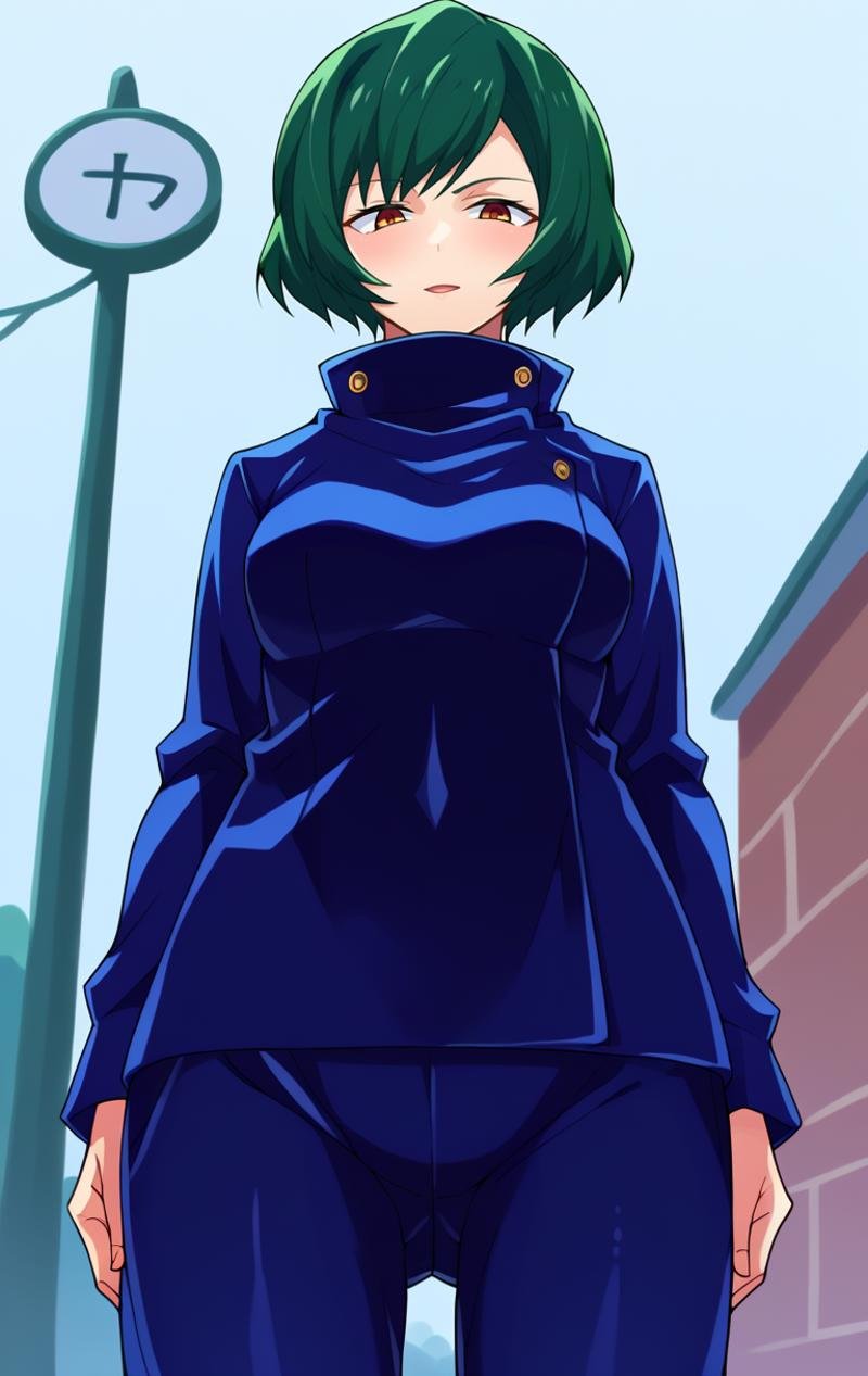 score_9,score_8_up,score_7_up BREAK <lora:Mai:1>,MaiZeninSDXL,1girl,solo,short hair,brown eyes,school uniform,high collar,gakuran,green hair,pants,cowboy shot,street background,from below,looking at viewer,