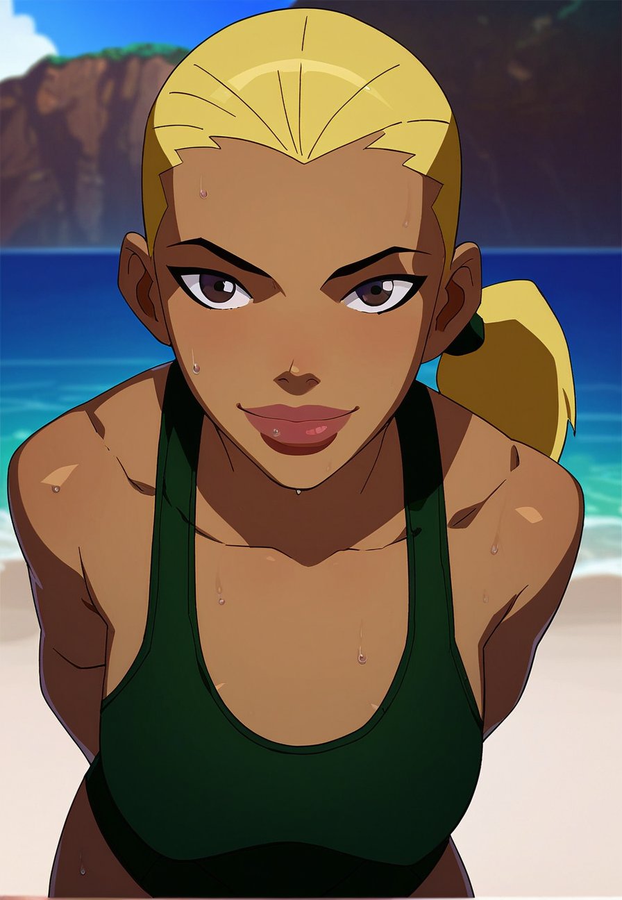 score_9_up, score_8_up, score_7_up, <lora:Young_justice_girls_PDXL_by_paprikalem:0.8>, dc comics, young justice style, flat colors, 1girl, artemis, brown eyes, blonde hair, big lips, ponytail, long hair, dark skin, green one-piece swimsuit, sweat, wet, standing, looking at viewer, (leaning forward, hands behind back, smile), front view, solo, outdoors, beach, day, sea, best quality, high quality