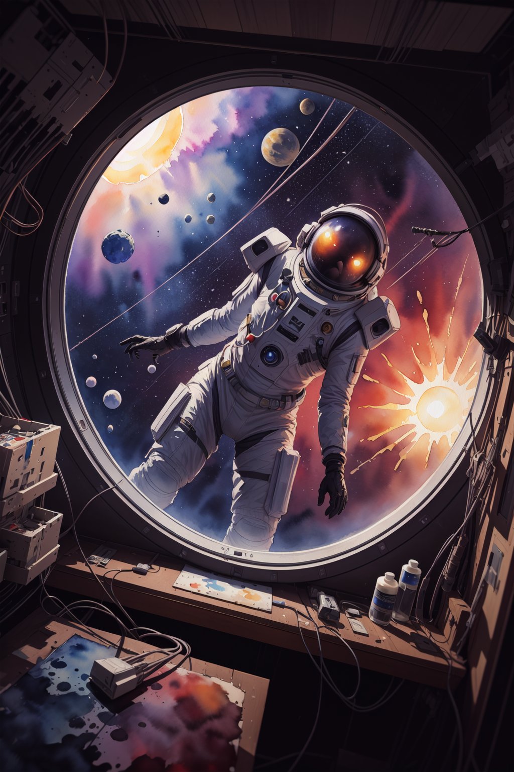 (masterpiece, top quality, best quality, extreme detailed, highest detailed, official art, beautiful and aesthetic:1.2), colorful, cowboy shot, beautiful face, solo, perfect body, 1girl, in space, spacecraft, spacesuit, sun rays, indoors, (wires and cables:1.1), (science fiction:1.2), porthole, illuminator, stars, fantasy, high contrast, ink strokes, explosions, over exposure, purple and red tone impression, abstract, ((watercolor painting by John Berkey and Jeremy Mann)) brush strokes, negative space