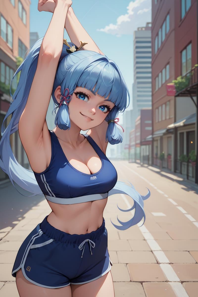 score_9, score_8_up, score_7_up, score_6_up, source_anime, BREAK 1girl, solo, <lora:ayaka-pdxl-nvwls-v1-000005:1> defAya, blue hair, blue eyes, blunt bangs, mole under eye, ponytail, long hair, hair ornament, hair ribbon, sports bra, black dolphin shorts, stretching, city, medium breasts, cleavage, looking at you, smirk