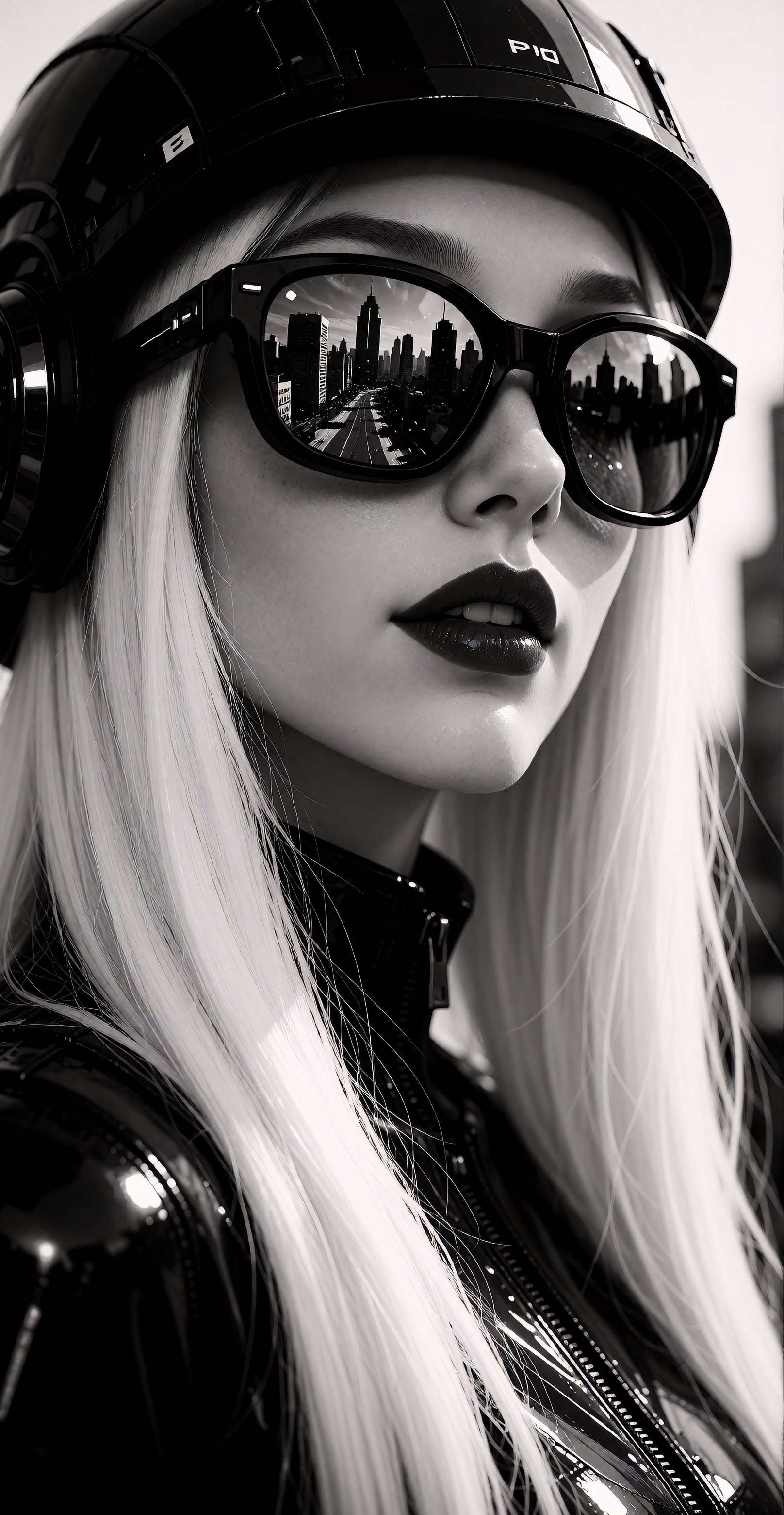 A striking black and white photograph of a woman with long,  straight white hair,  wearing futuristic sunglasses with a ci...