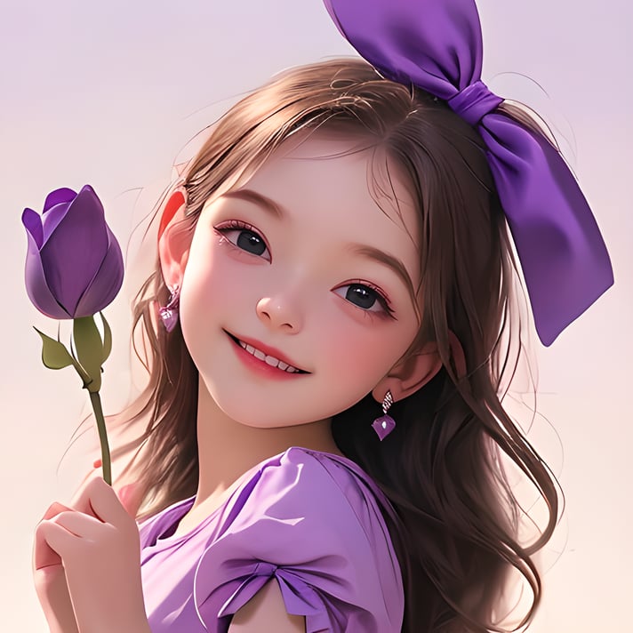 A girl,lovely,purple bow,purple T-shirt,holding a rose in her hand,sweet smile,wink,close one eye,lovely <lora:20240519-1716124455960:0.7>