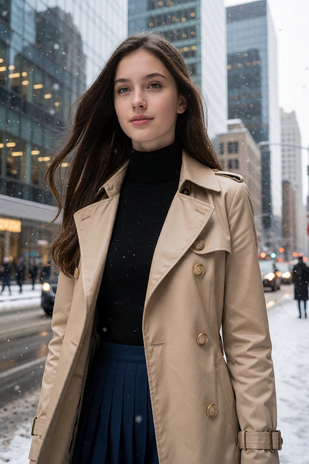 This is a high-resolution photograph of a young Caucasian woman standing on a bustling city street,  with snowflakes gentl...