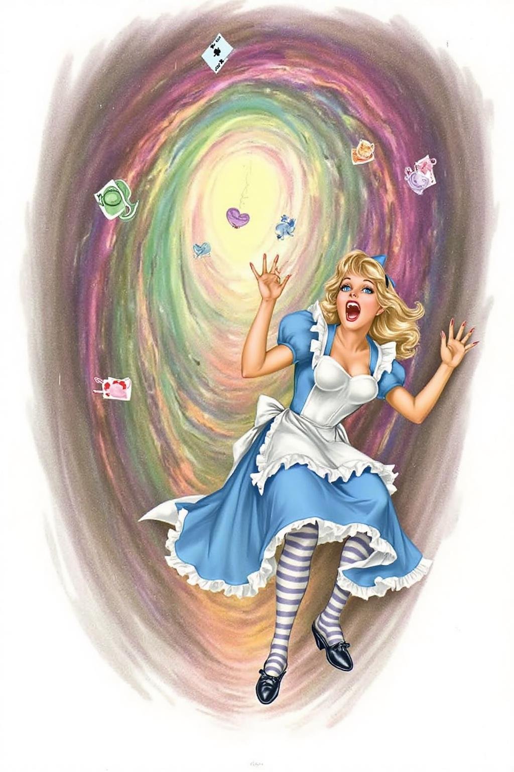 a1bertova illustration.Overhead view of Alice in Wonderland falling into the rabbit hole,  with her legs dangling beneath...