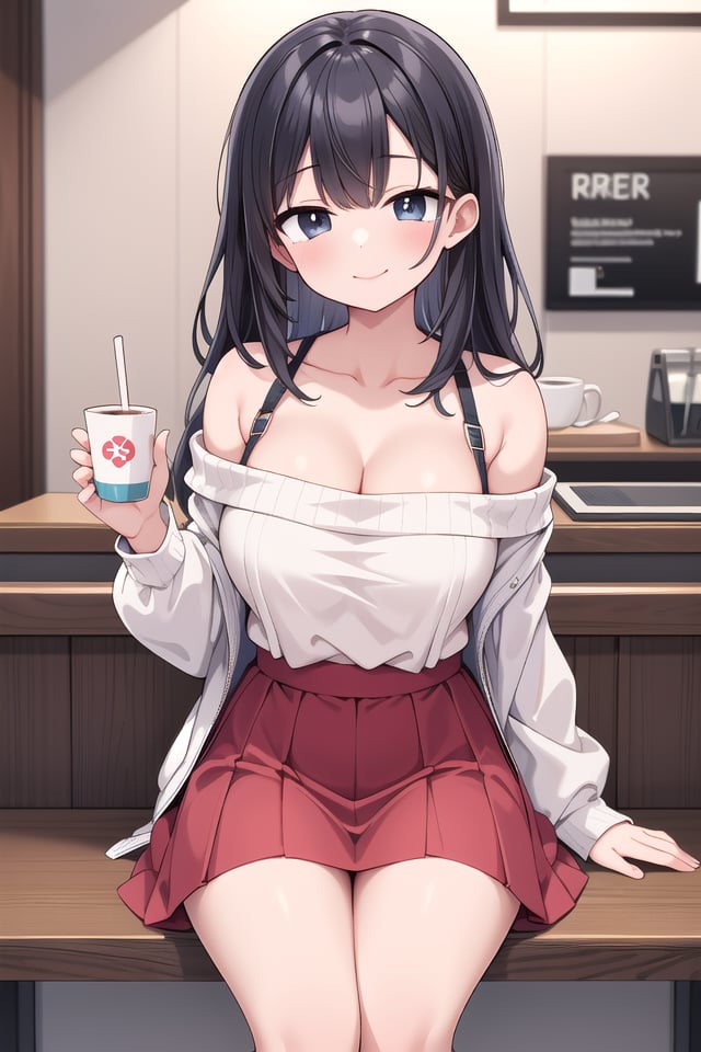 insanely detailed, absurdres, ultra-highres, ultra-detailed, best quality,1girl, solo, nice hands, perfect hands,BREAKwearing sweater, off shoulder sweater, one piece sweater, sweater with long sleeves, bare shoulder, collarbone, red skirtBREAKhappy smile, laugh, closed mouth,sitting, holding coffee cup,from below, cowboy shot, looking at viewerBREAKslender, kawaii, perfect symmetrical face, ultra cute girl, ultra cute face, ultra detailed eyes, ultra detailed hair, ultra cute, ultra beautiful,BREAKindoors, in coffee shopBREAKlarge breasts, black hair, long hair, black eyes