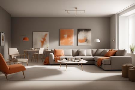 ((best quality)),((masterpiece)),((realistic)),living room,Modern minimalist Nordic style,Soft light,Pure picture,(Bright colors:1.2),Symmetrical composition,orange theme