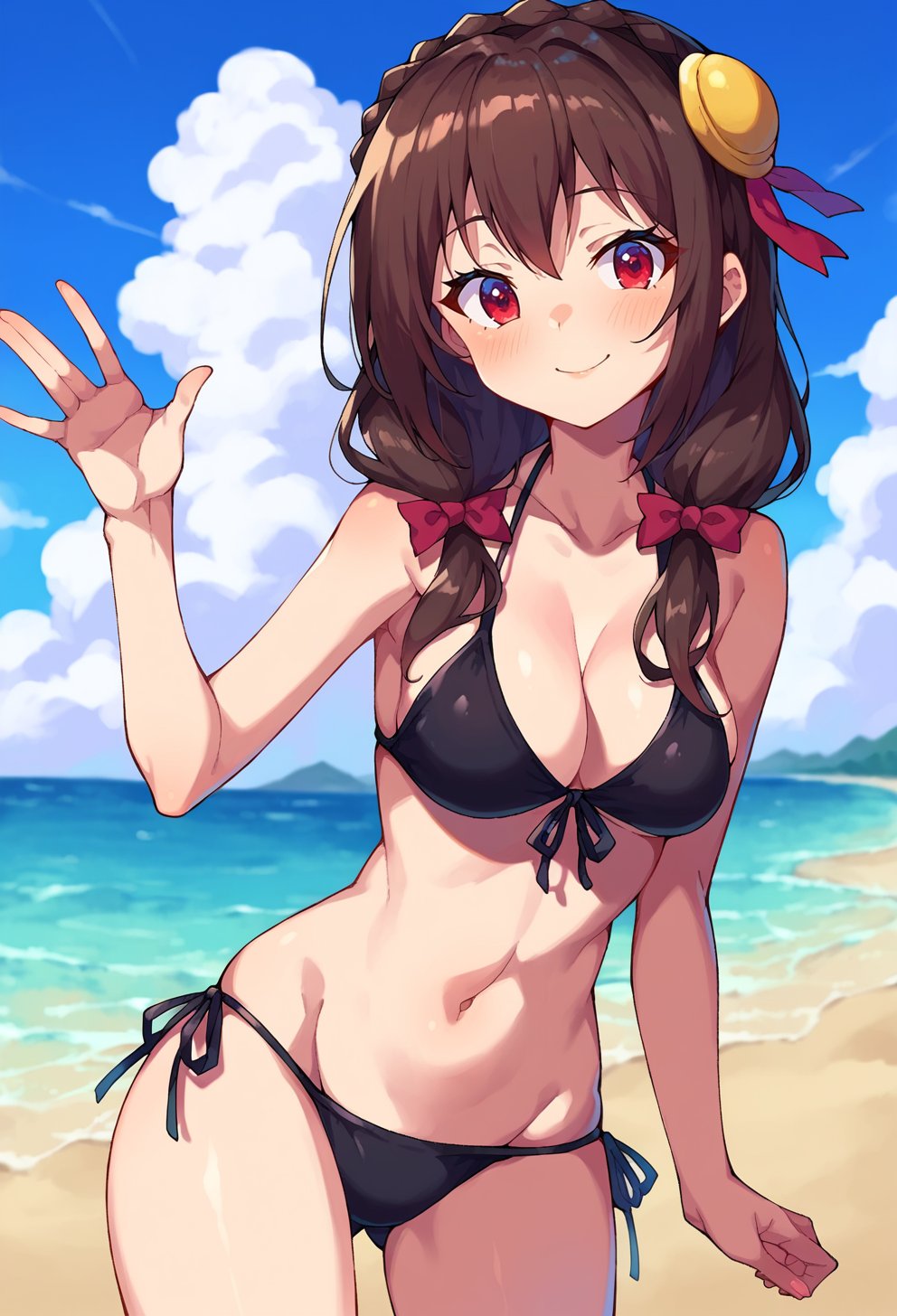 score_9, score_8_up, score_7_up, score_6_up, source anime, BREAK<lora:konosuba_yunyun:0.8> nuynuypnxl, yunyun, 1girl, solo, cowboy shot,swimsuit, bikini, outdoors, day, side-tie bikini bottom, black bikini, beach, looking at viewer, navel, blue sky, cleavage, ocean, smile, cloud, blush, string bikini, front-tie top