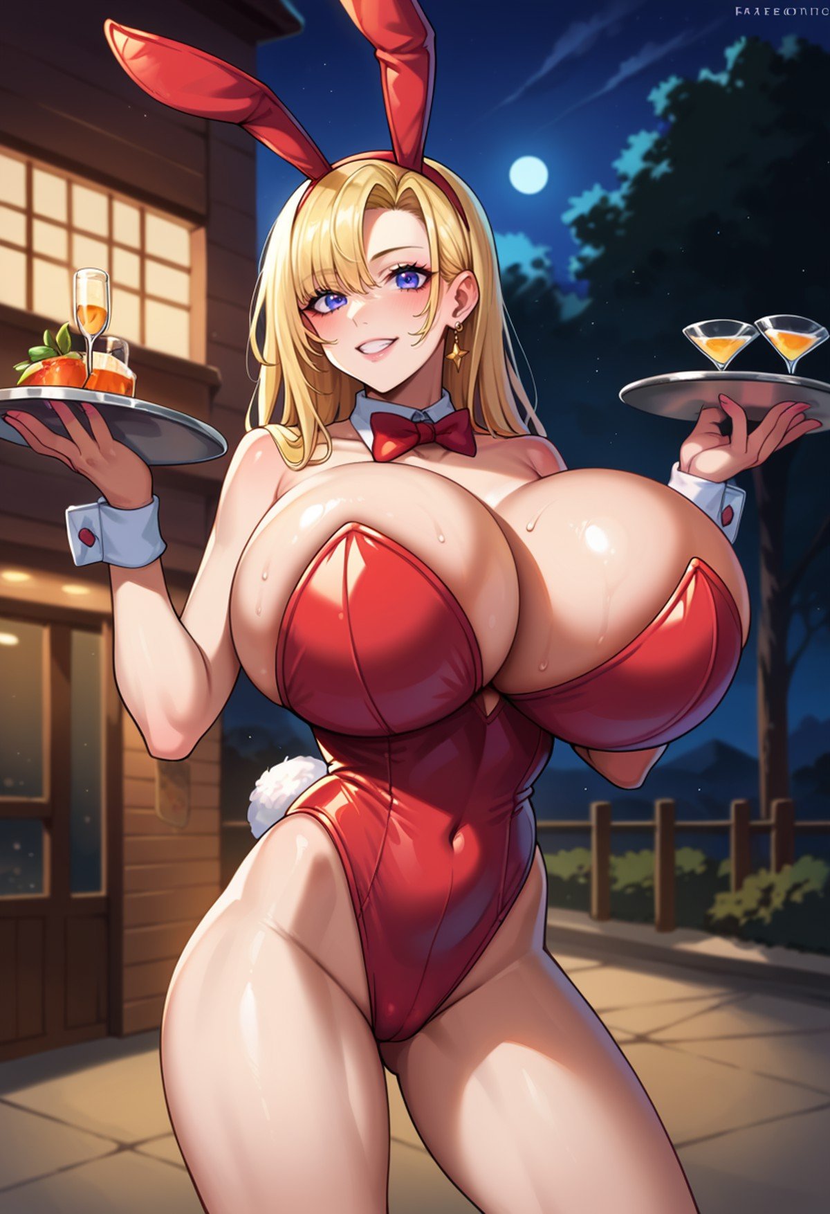 score_9, score_8_up, score_7_up, score_6_up, source_anime, BREAK1girl, solo, huge breasts, breast implants, fake tits, unaligned breasts, perfectly round breasts, playboy bunny, leotard, night, SFW, fully clothed, standing, cowboy shot, outdoors, looking at viewer,  <lora:Implants2:1>