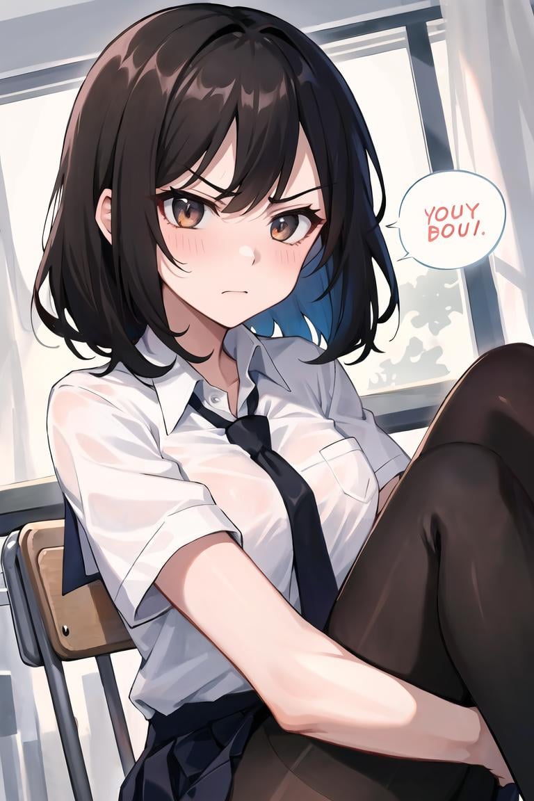 (best quality), (masterpiece), Ultra-detailed, (bold line), (highres:1.2), dramatic light, 1girl, school uniform, long necktie, (embrassed), annoyed ,perfect face, beautiful face, in classroom, buttoned white shirt, darkbrown hair|black hair, black stockings, tied up hair, medium hair, dynamic angle, (speaking text), dynamic pose, hugging teddy bear