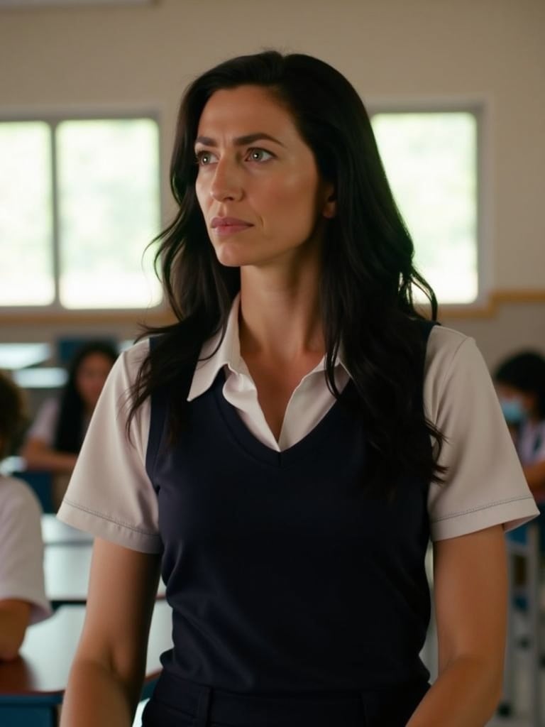 cbk, cinematic,  full body shot, claudia black wearing a teacher's outfit in school, her hair is loose,  photorealistic, real photography, 8k, hd,  <lora:claudia-black:1.2>