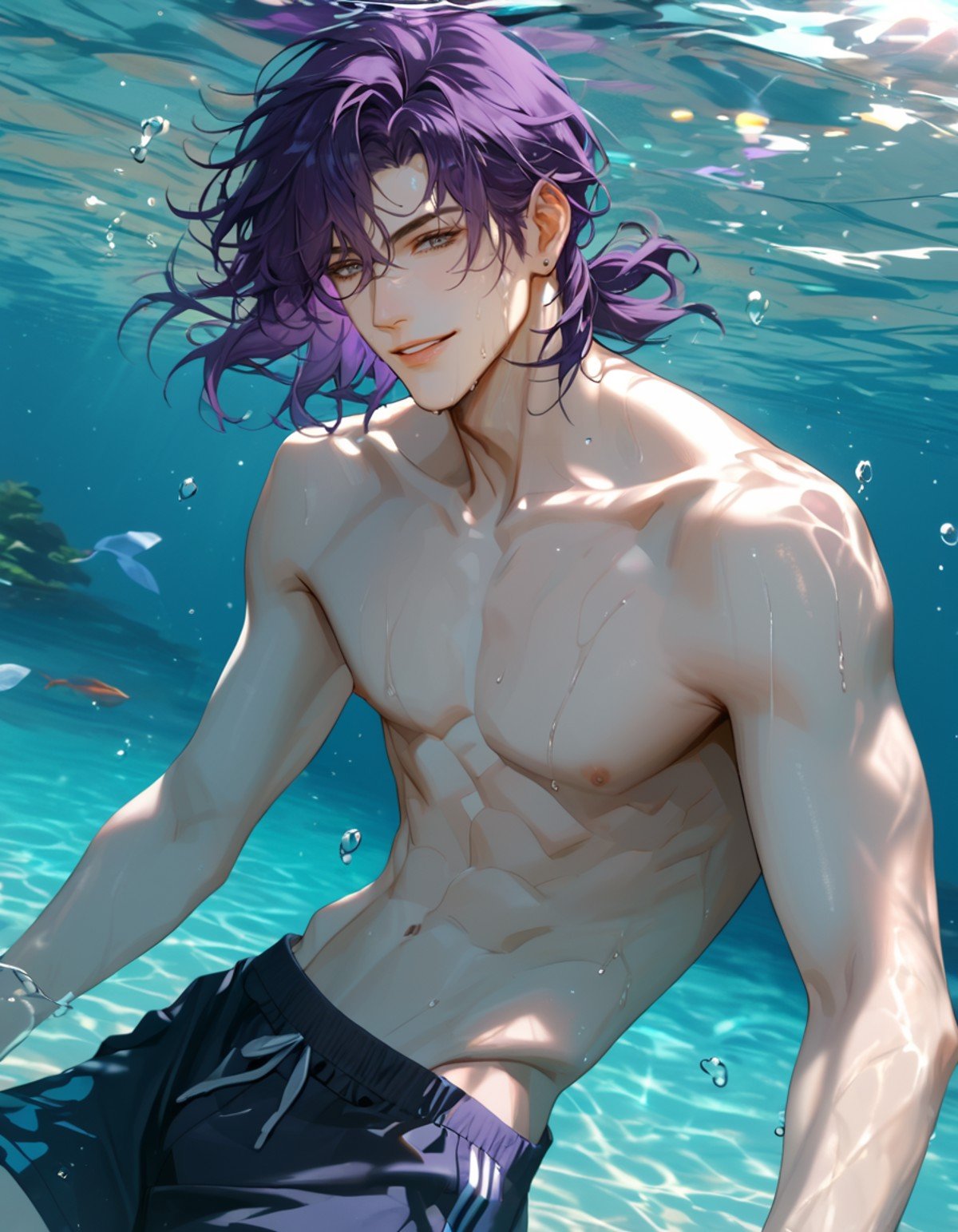 score_9, score_8_up, score_7_up, BREAK 1boy, solo, BREAK male focus, grey eyes, (medium hair, purple hair, bangs), swim trunks, topless, abs, pectorals, muscular, wet, smile, BREAK outdoors, beach, partially submerged, underwater,  blurry background, looking at viewer,  <lora:ikemenboys:1>, score_9, score_8_up,score_7_up, score_6_up, score_5_up, score_4_up,