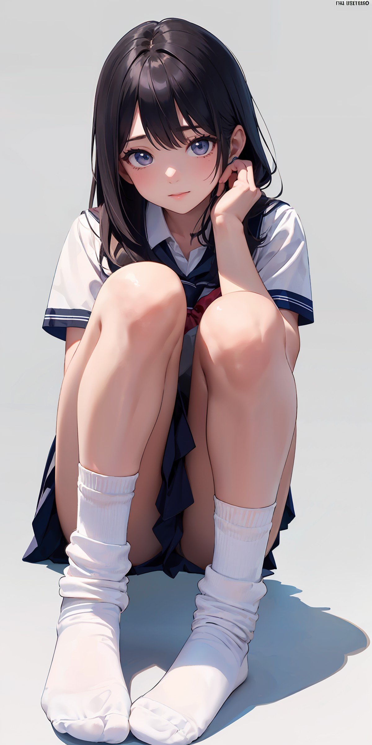 masterpiece,ultra-detailed,best quality,8K,illustration,cute face,clean skin ,shiny hair,girl,simple background,,<lora:loose socks_SD_V1.0:0.4>  jyojifuiu,school uniform, loose socks,white socks