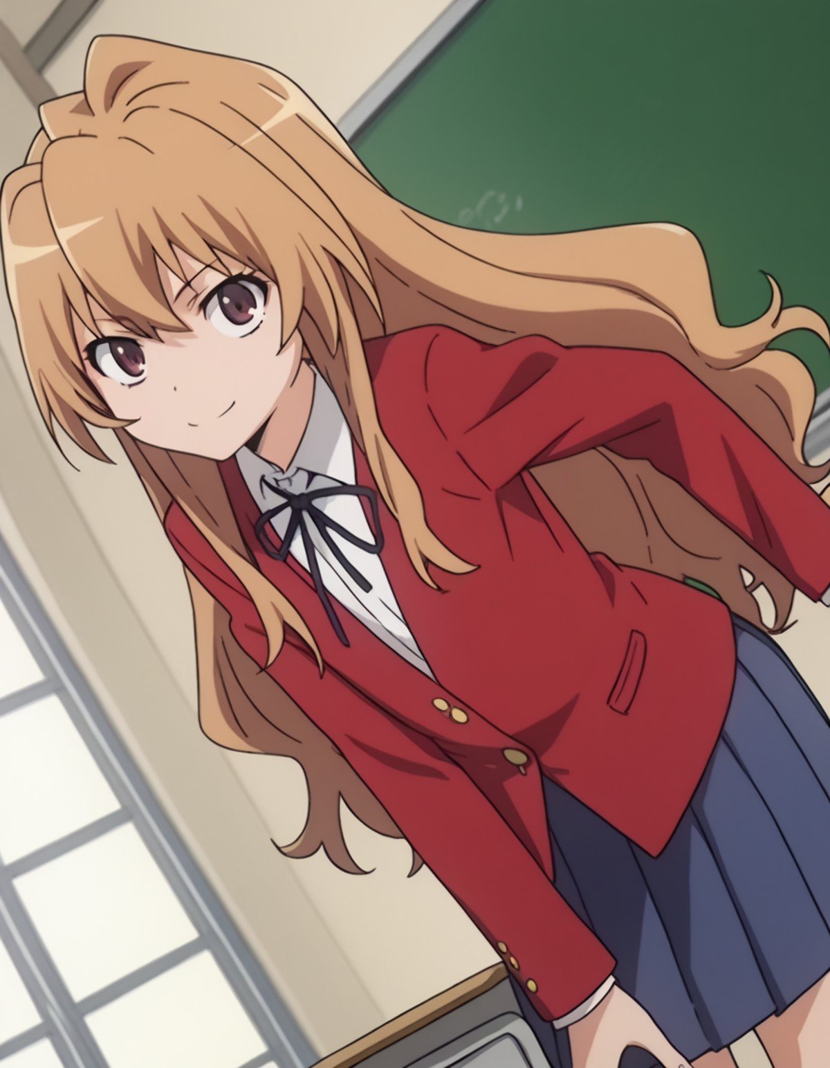 score_9, score_8_up, score_7_up, source_anime,taigaaisaka, <lora:taiga-aisaka-s1-ponyxl-lora-nochekaiser:1>,taiga aisaka, long hair, brown hair, brown eyes,school uniform, oohashi high school uniform, jacket, red jacket, long sleeves, shirt, white shirt, collared shirt, ribbon, skirt, pleated skirt,indoors, classroom, bent over, smile,looking at viewer, solo, cowboy shot, dutch angle,