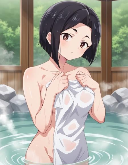 score_9, score_8_up, score_7_up, source_anime,sanaeyamada, <lora:sanae-yamada-s2-ponyxl-lora-nochekaiser:1>,sanae yamada, short hair, black hair, brown eyes,nude, naked, outdoors, onsen, towel, naked towel, steam, bathing, nude cover, partially submerged, water, bath, steam censor, wet towel,looking at viewer, cowboy shot, dutch angle, solo,