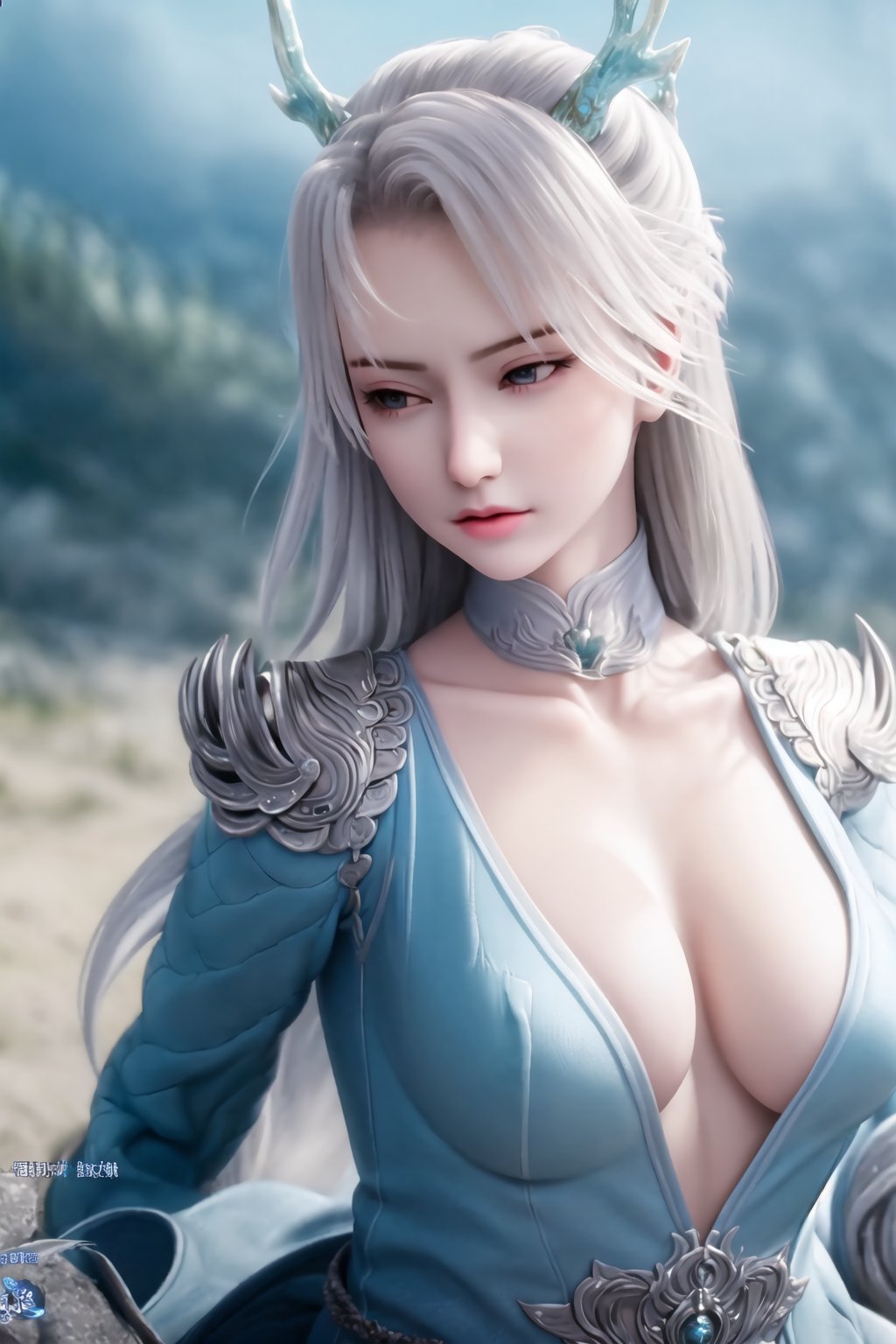 (8k, RAW photo, best quality, masterpiece:1.2),(realistic, photorealistic:1.3), ultra-detailed, extremely detailed cg 8k wallpaper,(crystalstexture skin:1.2), extremely delicate and beautiful,mountain, long_hair, 1girl, weapon, loong,(full shot), (breasts, medium breasts, cleavage), looking_at_viewer, 