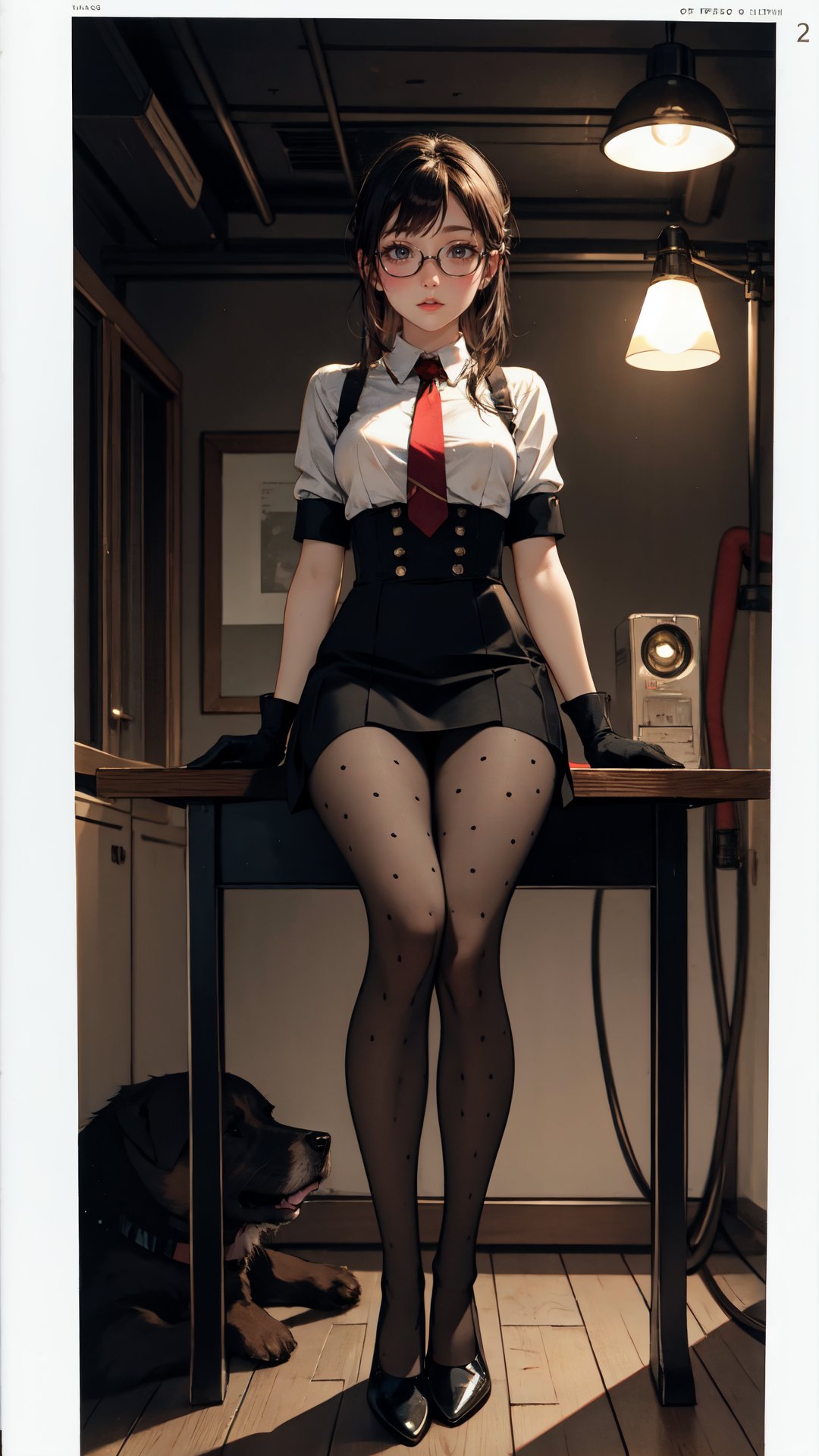 <lora:merged_0022:0.8>,(tutututu),pantyhose,((black footwear)),cinematic style,realistic,masterpiece,best quality,extremely detailed,absurdres resolution,High quality texture,Cinematic Lighting,1girl Sitting at the table fixing robots,robot dog,cute genius japanese school girl,red necktie,glasses,protective gloves,in a A basement full of neo pipes,welding,precision instruments,complex circuit,vacuum tube punk,high heels,black pantyhose,<lora:OC:0.15>,<lora:LowRA:0.3>,