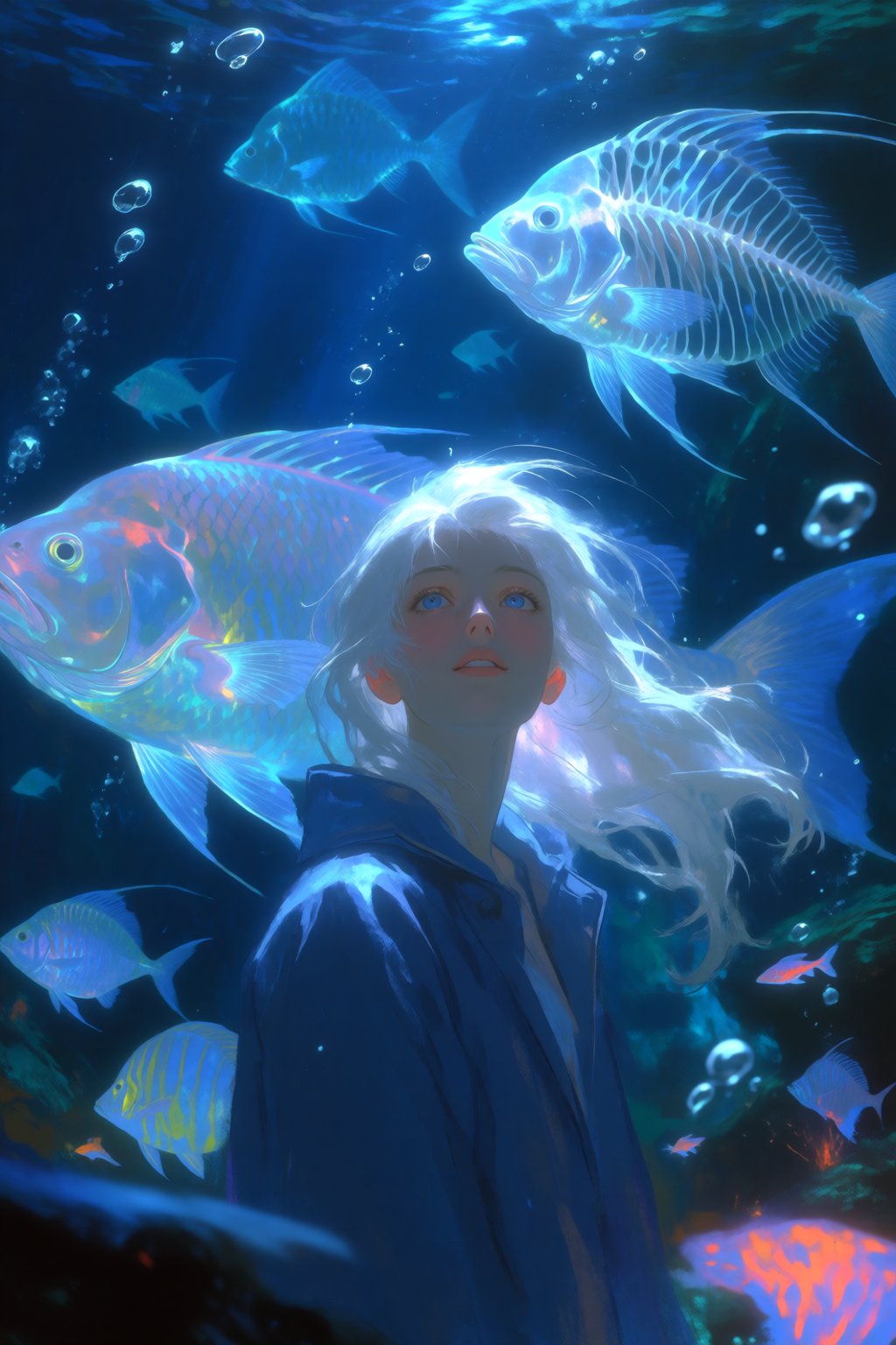 A beautiful woman with long white hair and blue eyes standing in front of a massive glowing underwater scene filled with g...