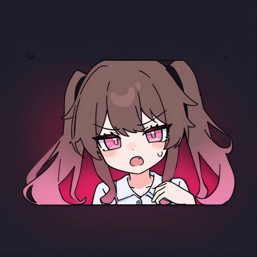 1girl,   rabbit hole, screaming, pink eyes, sweater, long hair, simple background, black sweater, looking at viewer, collarbone, blush, solo, open mouth, black background, twintails, tearing up, sidelocks, gradient background, v-shaped eyebrows, sweatdrop, pink hair, shiny skin, portrait, looking up, white shirt, collared shirt, brown hair, shirt, fang, hair between eyes, hand on own chest, masterpiece, newest, absurdres, safe <lora:rabbit_hole:1>