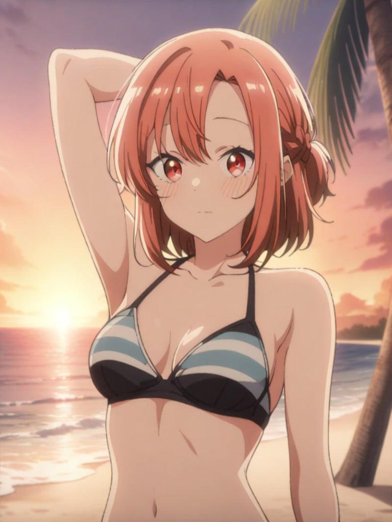 1girl, kino_himari, high quality, masterpiece, solo, solo focus, upper_body, spread legs, stretching, legs, swimsuit, bikini, beach, sea, stomach, sunset, palm tree, sand, outdoor, looking at viewer, cowboy_shot, <lora:kino_himari_v1-000012:0.8>