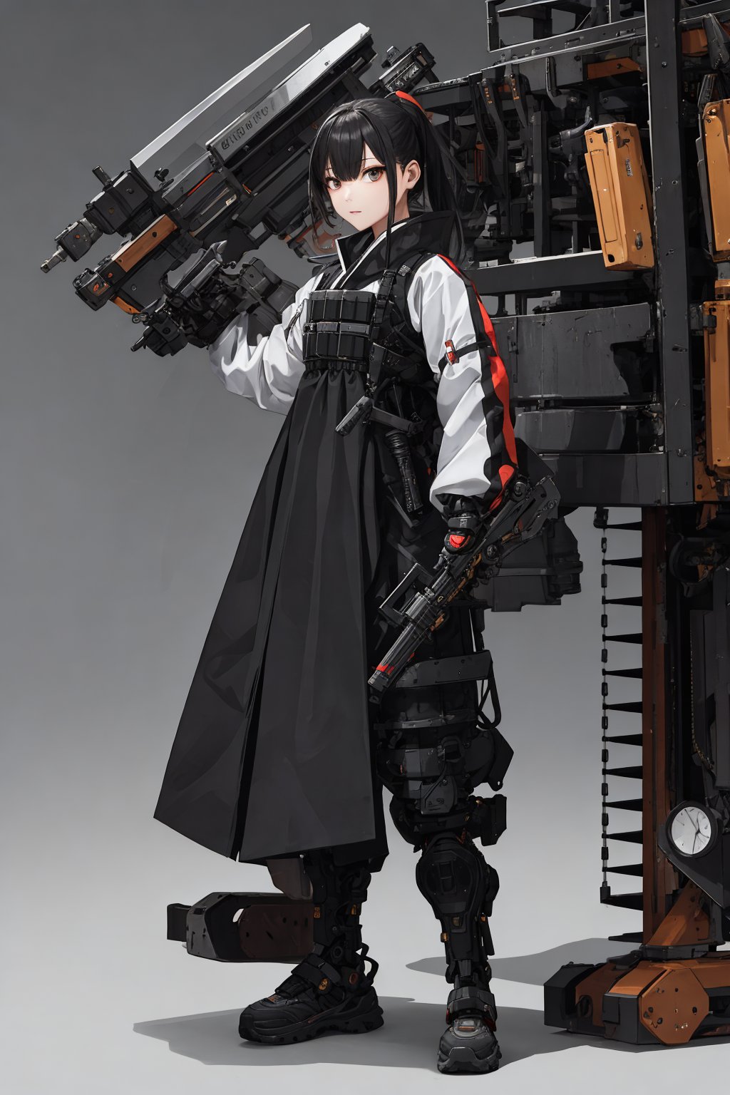 best quality, high_resolution,girl,hanbok,mechanical arms, techwear, holding weapon,detailed background, 