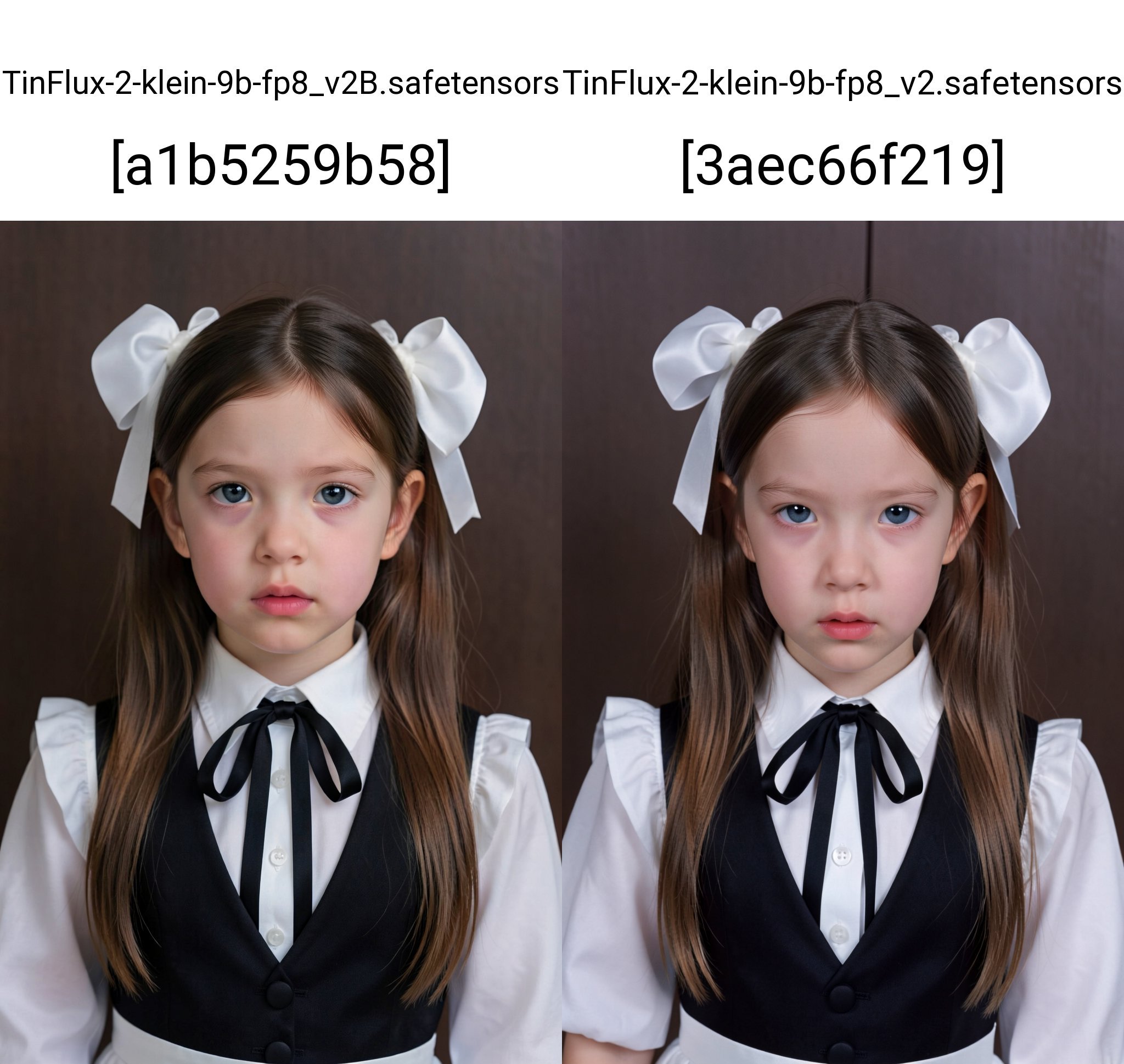 The image is a high-resolution photograph of a young girl with fair skin and light brown hair,  styled in two large white...