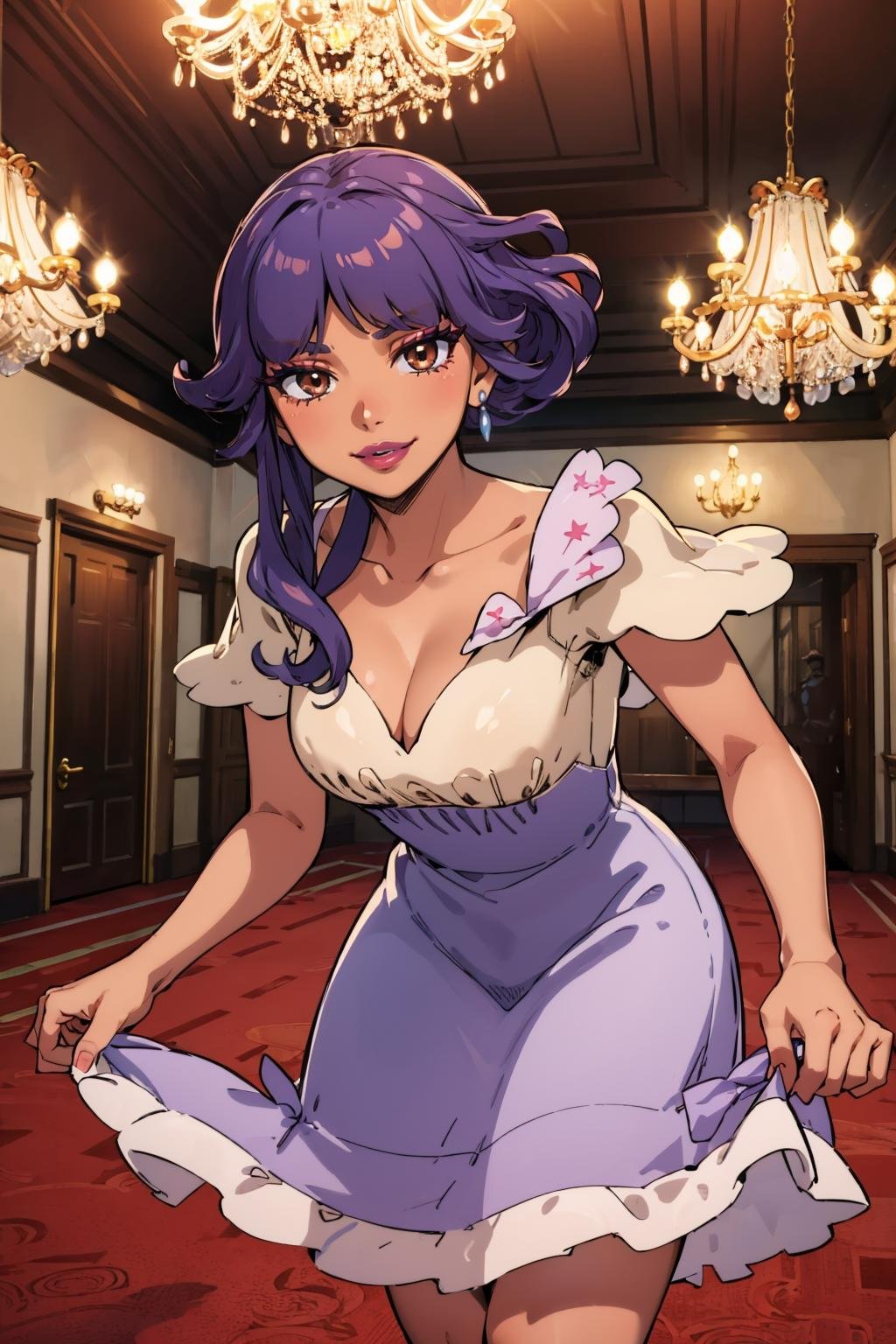 masterpiece, best quality,  <lora:tulip-nvwls-v1-000009:0.9> pkmnlip, brown eyes, dark skin, lipstick, earring, purple dress, short sleeves, cleavage, cowboy shot, smile, ballroom, skirt hold, closed mouth, lips, chandelier, red carpet, leaning forward, looking at viewer