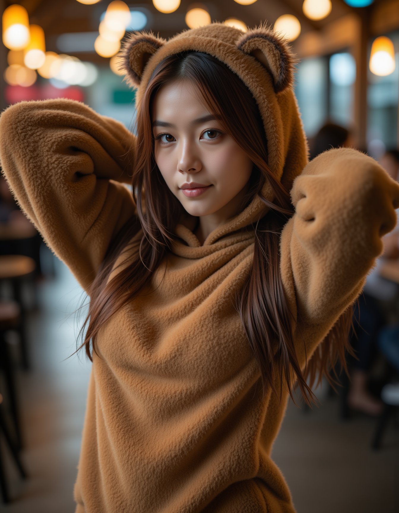 best quality, masterpiece, realism, realistic, long sweater fur-suit with bear costume, hands behind the head, cheats cutout, analogue photo of adult girl in costume, looking at viewer, long hair, extremely beautiful detailed face, medium breasts, (cute face, temptations look), eye level, professional photo, high contrast exposure, soft bokeh, high key light, hard shadow, soft bokeh, playful theme, <lora:hinaFluxAsianMixLora_v2-rev4:0.9>