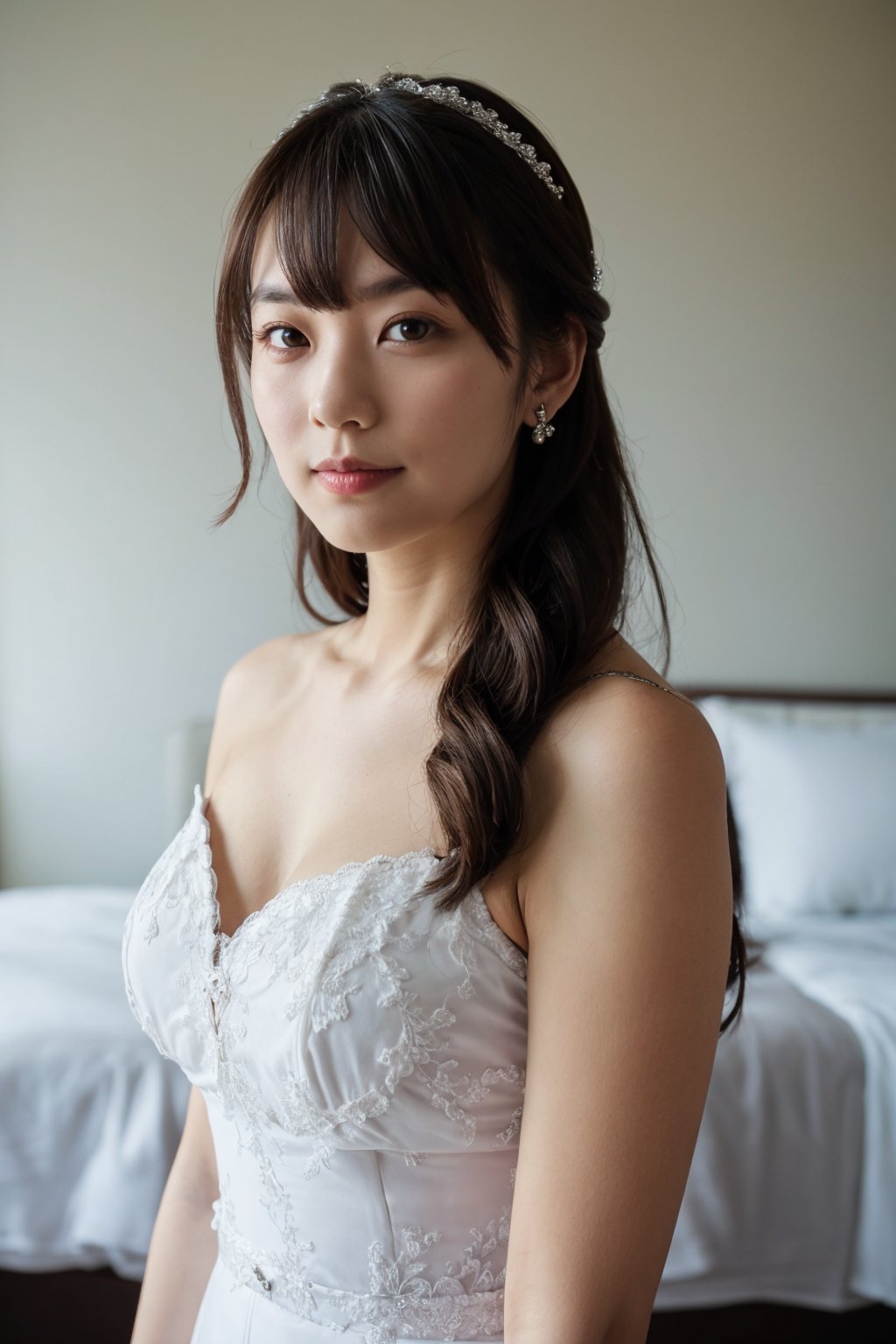 adult lady, posing to viewer, solo:1, pov, long hair, upper body, ((close shot)), simple background, white wedding lace dress,