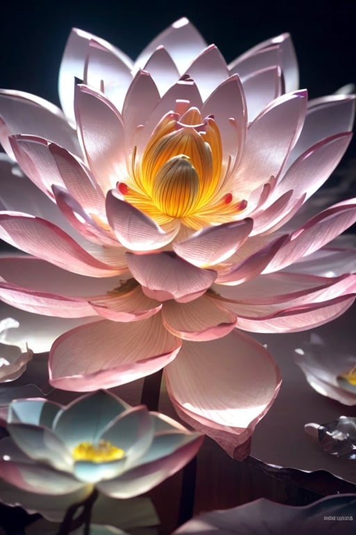 <lora:kong_玻璃水晶质感>,close up on a lotus petal made of transparent glass material,pink tone,crystal and transparent,superb three-dimensional feeling,sense of hierarchy,bioluminescence,new 3d ancient style,macro photography,romantic ancient style,depth of field,cinematography,rich,large area blank space,elegant and minimalist,3d particles,ultimate composition,