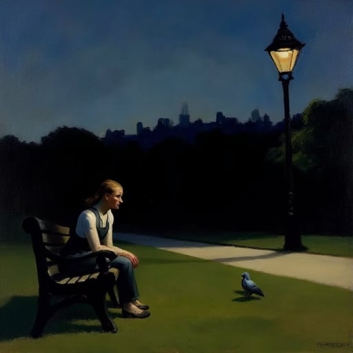 An EdwardH0pp3r style oil on canvas painting of a young woman sitting on a park bench at dusk. A single pigeon stands on the grass in front of her, they gaze at each other with a sense of despair.A faint outline of a cityscape looms dark behind her, while a solitary street lamp casts dramatic shadows.