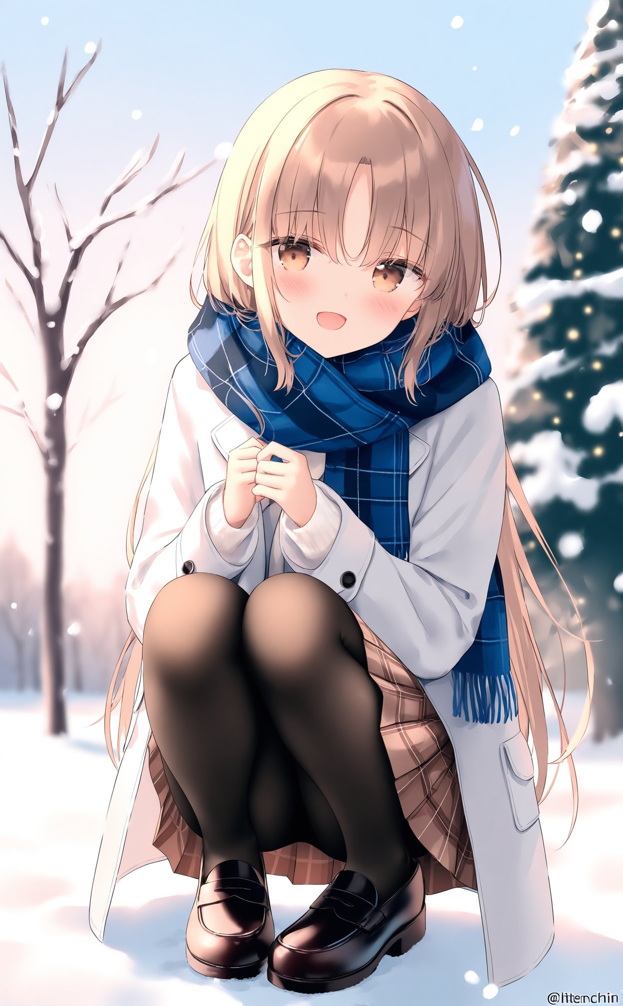 (masterpiece),(best quality),illustration,ultra detailed,hdr,Depth of field,(colorful),loli,[Artist wlop],[Artist chen bin],Artist hiten_(hitenkei),1girl,solo,pantyhose,long hair,skirt,plaid,scarf,outdoors,squatting,brown eyes,blush,blue scarf,tree,plaid skirt,smile,shoes,bare tree,looking at viewer,bangs,long sleeves,black pantyhose,snow,open mouth,brown skirt,parted bangs,christmas tree,loafers,brown footwear,pleated skirt,winter,light brown hair,virtual youtuber,very long hair,:d,coat,jacket,black footwear,snowing,white coat,sister cleaire,full body,plaid scarf,brown hair,twitter username,blurry,