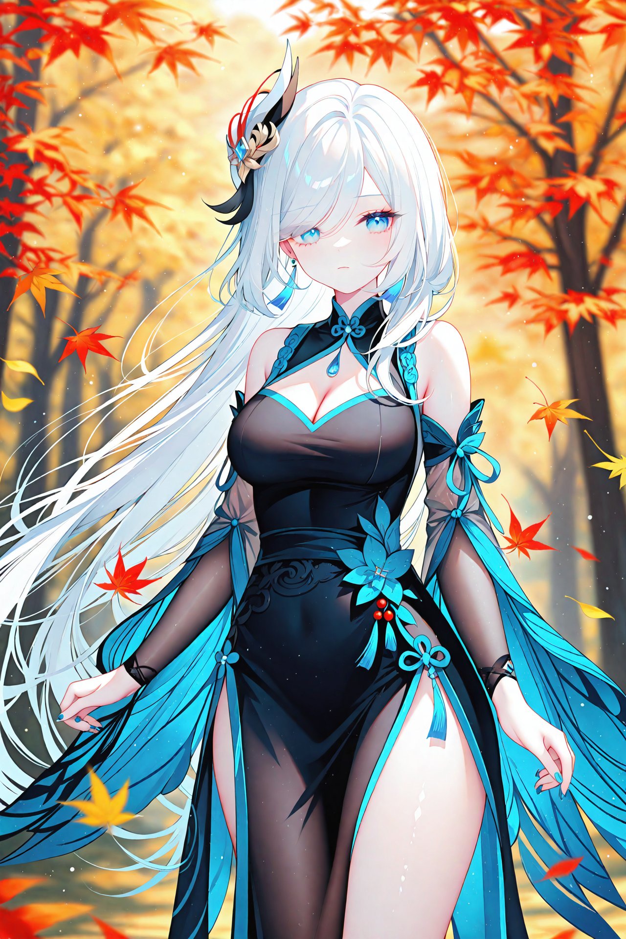 masterpiece,best quality,illustration,ultra detailed,hdr,Depth of field,(colorful),[Artist chen bin],Artist Sheya,1girl,shenhe (genshin impact),breasts,solo,dress,long hair,black dress,blue eyes,hair ornament,detached sleeves,large breasts,looking at viewer,bare shoulders,hair over one eye,white hair,thighs,long sleeves,very long hair,cleavage,jewelry,earrings,leaf,feet out of frame,official alternate costume,blurry,sleeveless,standing,closed mouth,chinese clothes,sleeveless dress,maple leaf,blue nails,see-through,blurry background,nail polish,