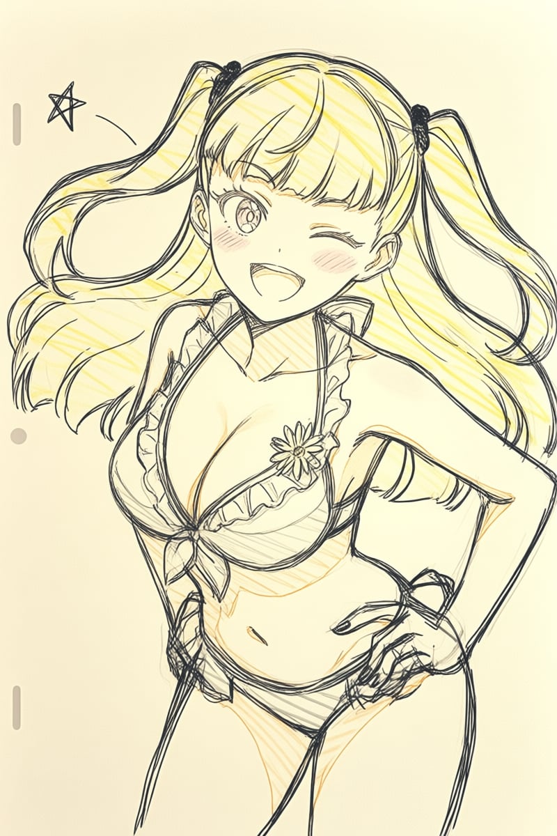 @ppst,  The lines of the drawing are loose and sketchy. The image is a drawing of a curvy young woman with long blonde hai...
