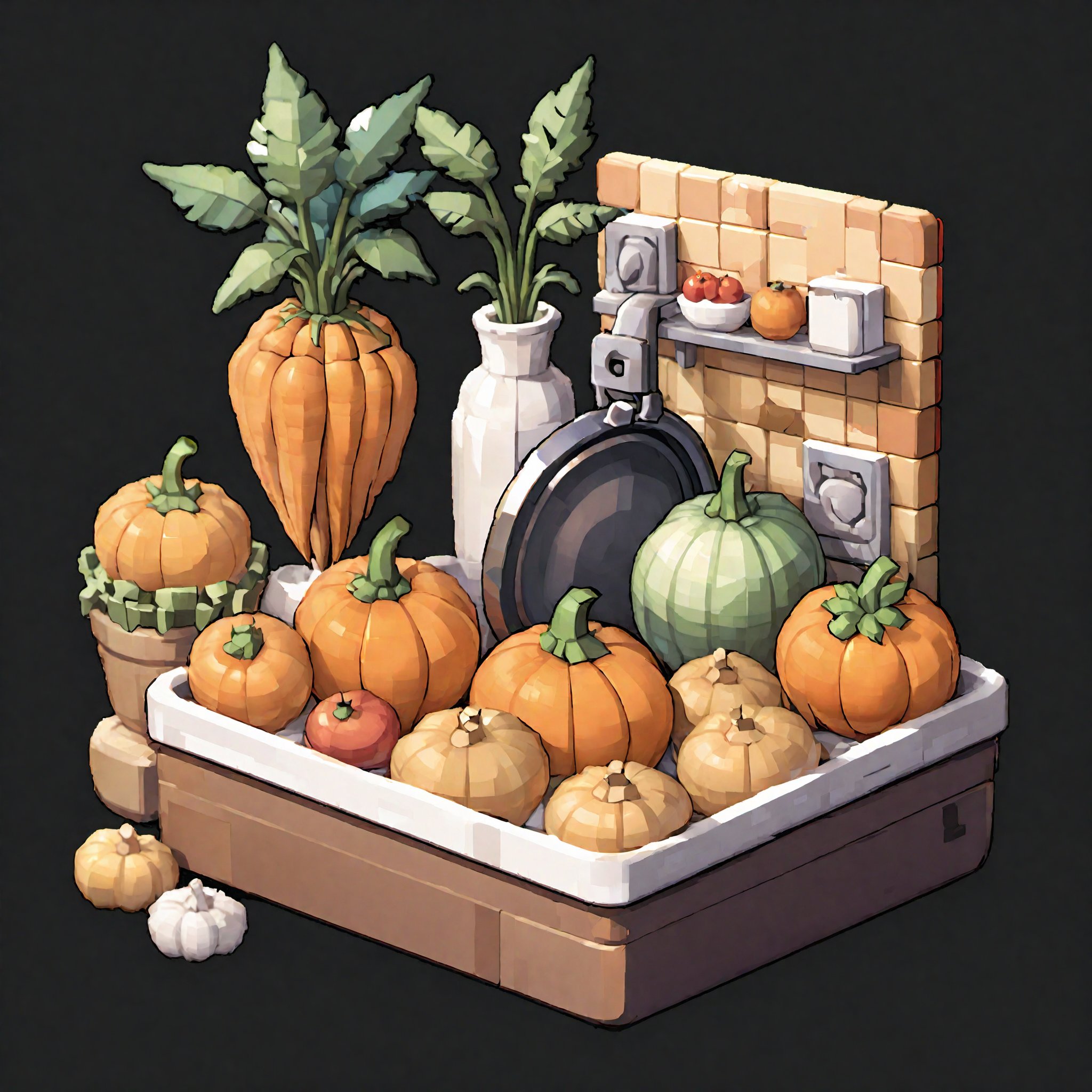 tssj,pixel art,kitchen,basket bread carrot food food focus fruit frying pan no humans onion orange \(fruit\) pumpkin tomato transparent background vegetable