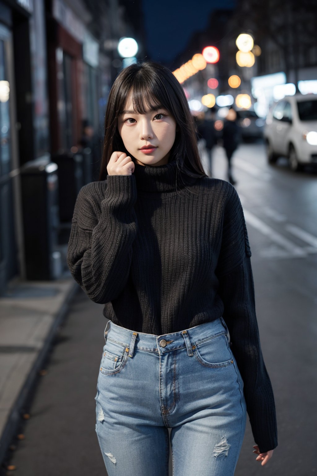 a girl, perfect face, upper body, night city street, from front, facing to viewer, two hands in front of chests, face to face, yuppy style, blue turtleneck sweater, dark denim jeans, leather boots, elegant,