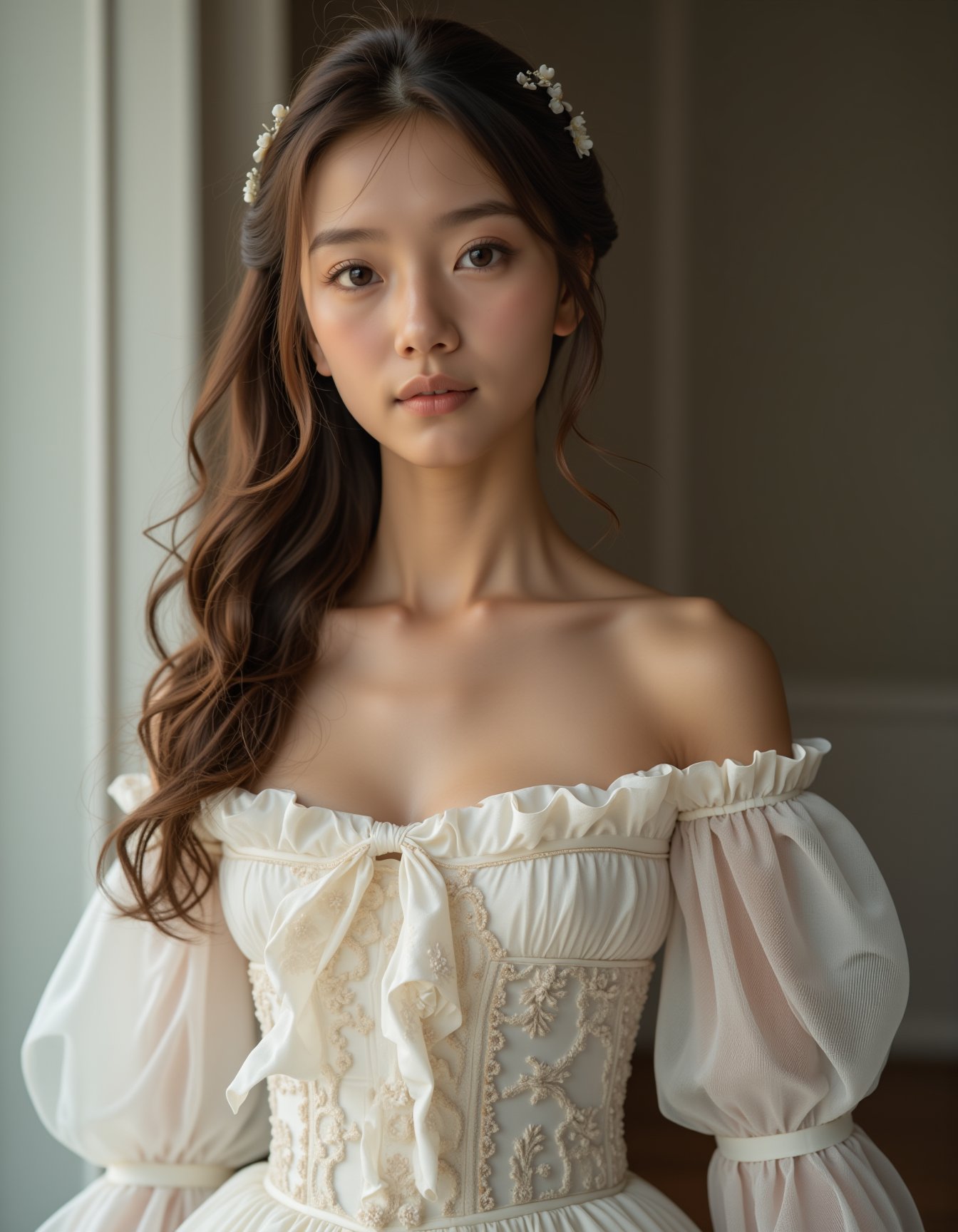 A best quality, masterpiece, ultra sharp photographic, raw photo of a girl dressed in an ornate white off-shoulder Rococo gown, embodying the elegance of 19th-century fashion. Her long brown hair flows gracefully over her shoulders, framing her shy face as she looks directly at the camera with a gentle, demure expression. The photo captures her at eye level, highlighting her delicate features and the subtle hint of cleavage visible through the intricate detailing of her gown. The setting is simple, with a clean background that keeps the focus on her. The shot is taken from a middle distance using a long-range lens, creating a professional cinematic feel with soft shadows and a subtle bokeh effect that blurs the background beautifully. Far side key lighting casts a soft, even glow on her, enhancing the balanced contrast and exposure, making every detail of her outfit and expression stand out. The overall composition exudes a timeless elegance, with the photograph perfectly capturing the blend of historical style and modern photography techniques, <lora:hinaFluxAsianMixLora_v2-rev4:0.9>