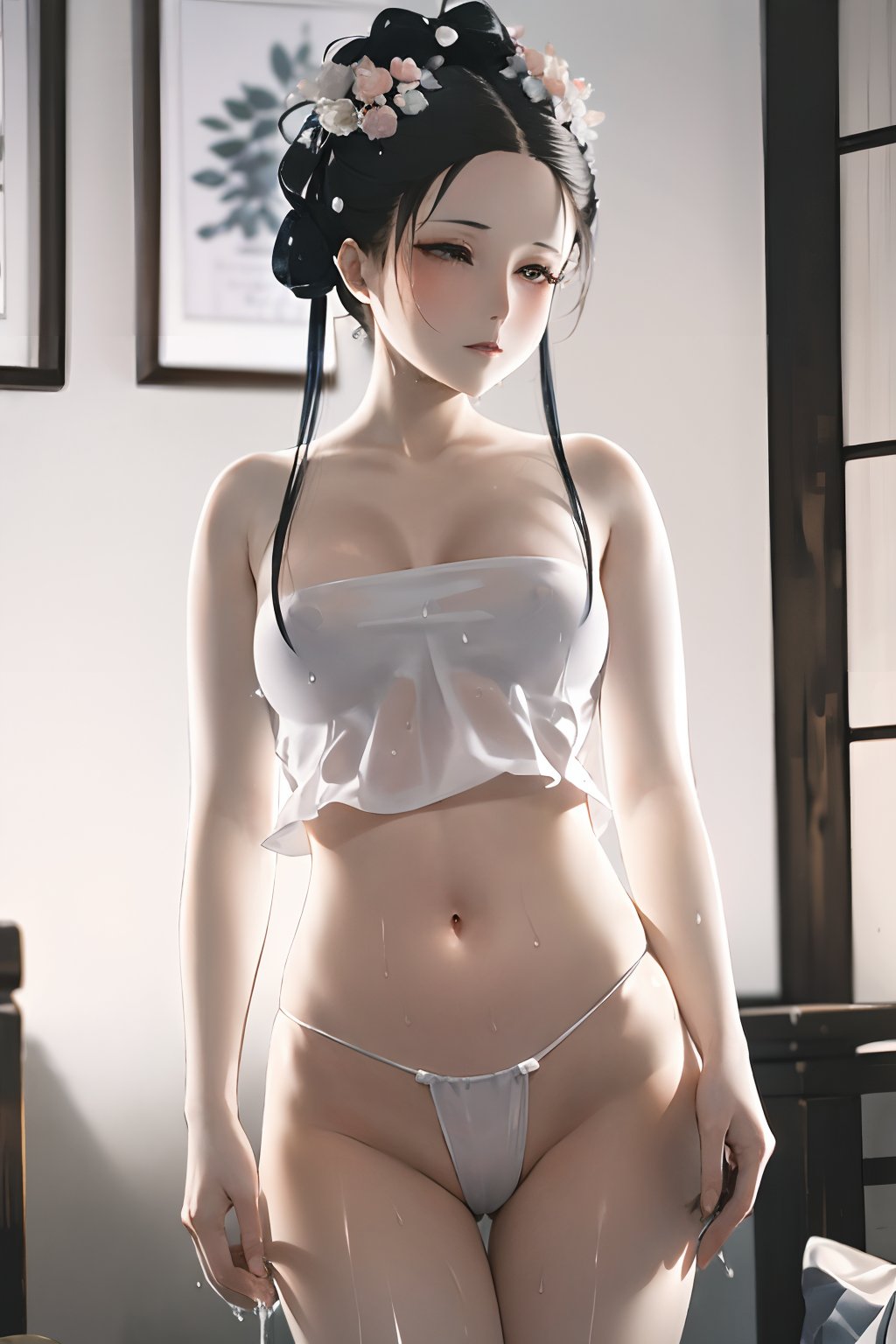 1girl,black hair,blurry background,blurry foreground,cowboy shot,medium breasts,navel,photo \(medium\),depth of field,realistic,solo,standing,<lora:handudou_lbc:0.8>,high quality,masterpiece,BREAK((water drops)),wet clothes,((beautiful detailed water)),((floating)),dynamic angle,