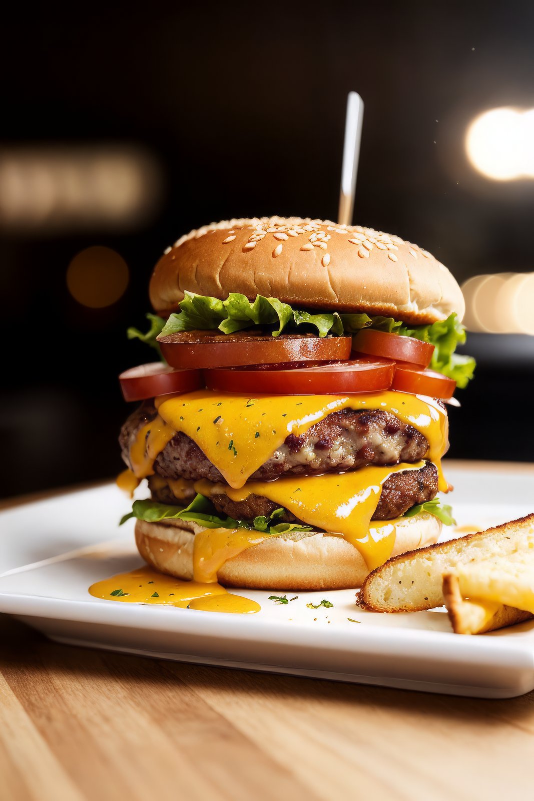 Photo of a burger with cheese from food photograph, food photography, photorealistic, ultra realistic, maximum detail, foreground focus, recipes.com, epicurious, instagram, 8k, volumetric light, cinematic, octane render, uplight, no blur, depth of field, dof, bokeh