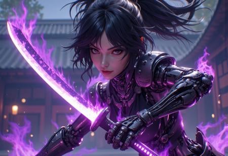 (A cinematic shot of a beautiful asian female cyborg, detailed face features, black hair, robotic arms, robotic legs, holding a purple glowing katana by the handle in attacking pose, purple fire around the katana blade, best quality, amazing details, temple in background:1.2), hkwarrior, mythp0rt