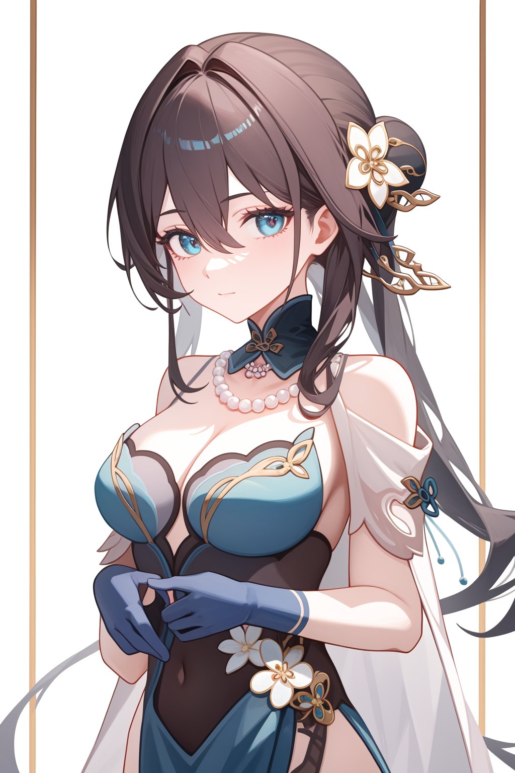 <lora:阮梅v3:1:lbw=char>,ruanmei,1girl,solo,blue dress,elbow gloves,chinese clothes,looking at viewer,cleavage,bare shoulders,flower,necklace,(masterpiece,best quality,high quality:1.2),absurdres,<lora:nai画风-000035:0.75:lbw=OUTALL>,