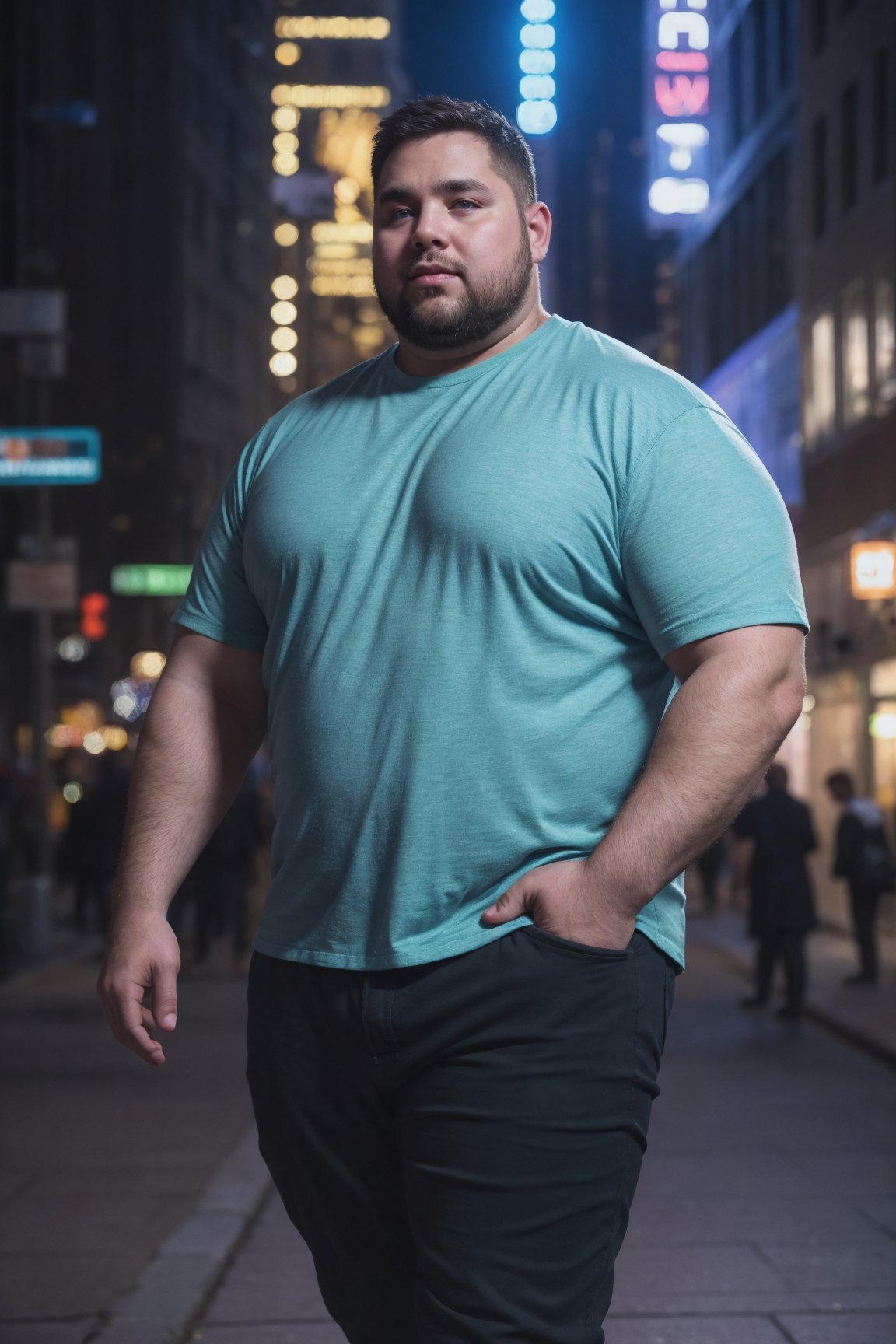 A good looking overweight male out for a walk at night in the city RAW photo, detailed photo, gorgeous, shallow depth of field, bokeh, vibrant saturated color, volumetric lighting, iridescent skin, (surreal:0.4), hyper detailed photorealistic life-like accurate proportional 8k sharp focus, (accurate cinematic lighting), photorealistic detail, (selective focus:0.6)