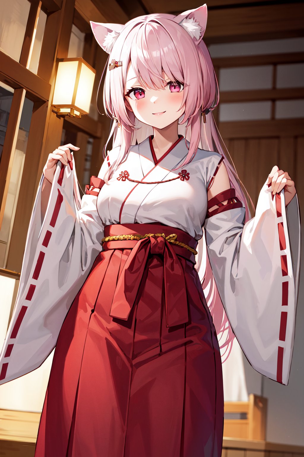 masterpiece, best quality, highres, bbyuika, long hair, pink hair, animal ears, hair ornament, miko, japanese clothes, white kimono, ribbon-trimmed sleeves, wide sleeves, sleeves past wrists, red hakama, hakama skirt, <lora:shiina_yuika_v1:0.7>, smile, standing, cowboy shot