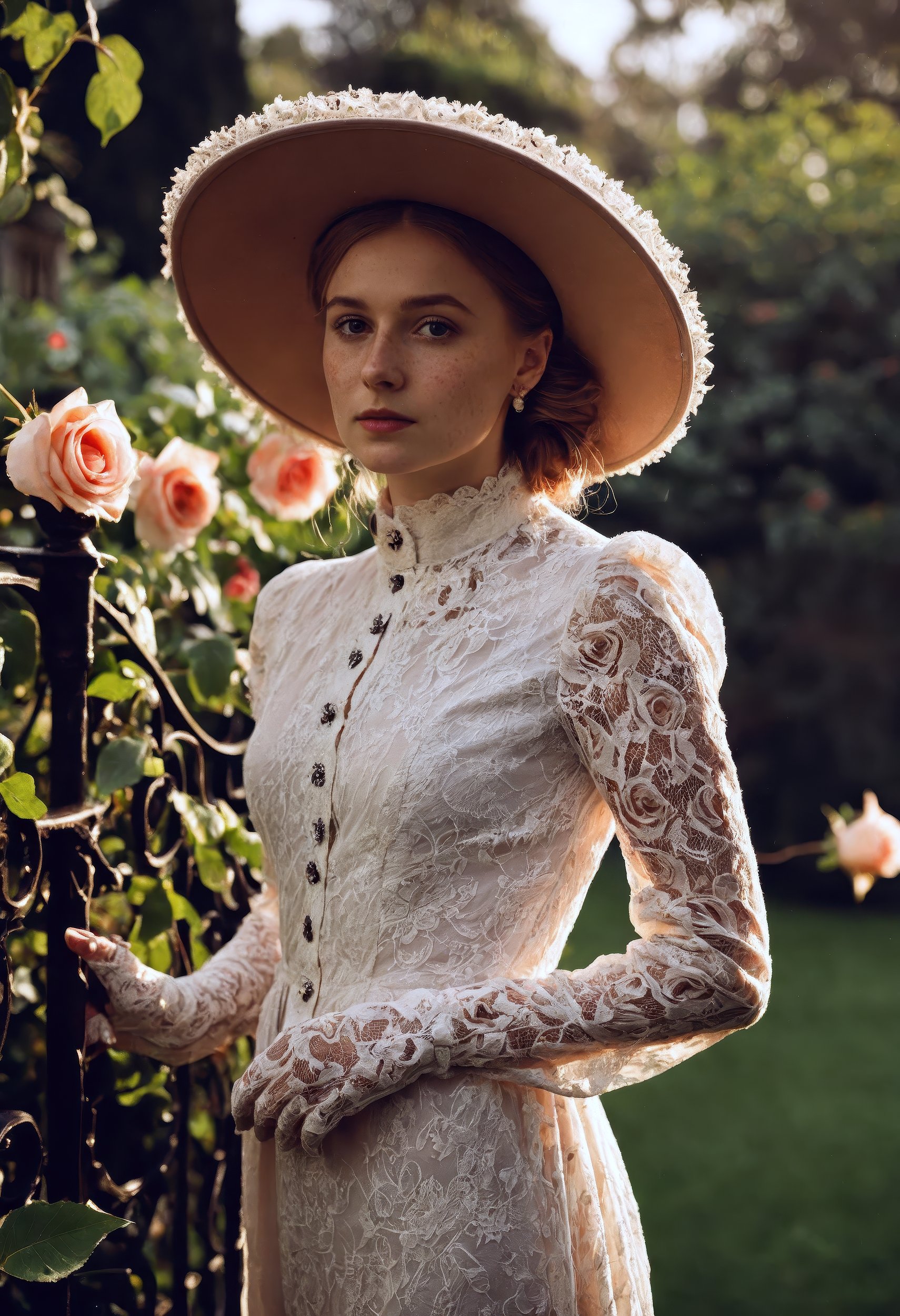 cinematic editorial-style photograph of a refined young woman in Edwardian England,  dressed in a high-collared lace gown...