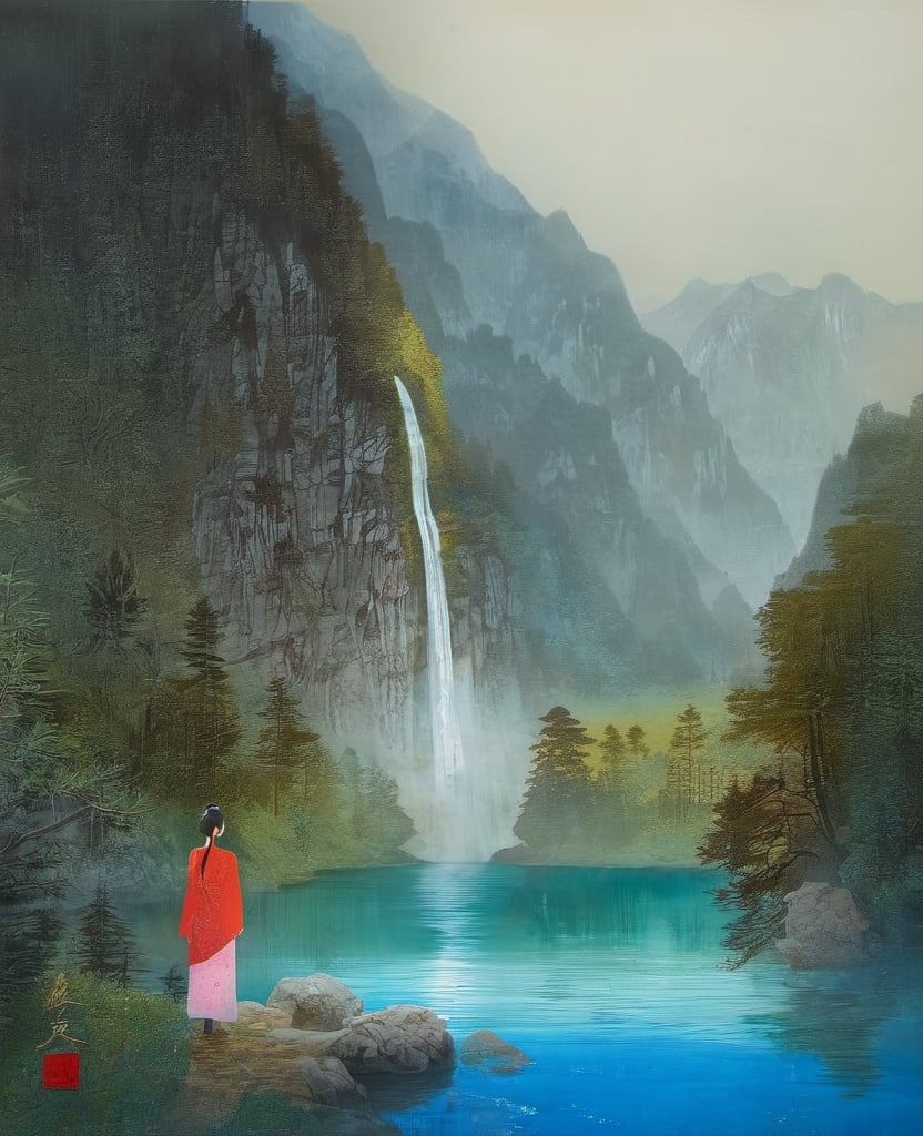 yancai,1girl,no humans, scenery, outdoors, tree, mountain, water, <lora:yancai_0412:0.8>, masterpiece, best quality,